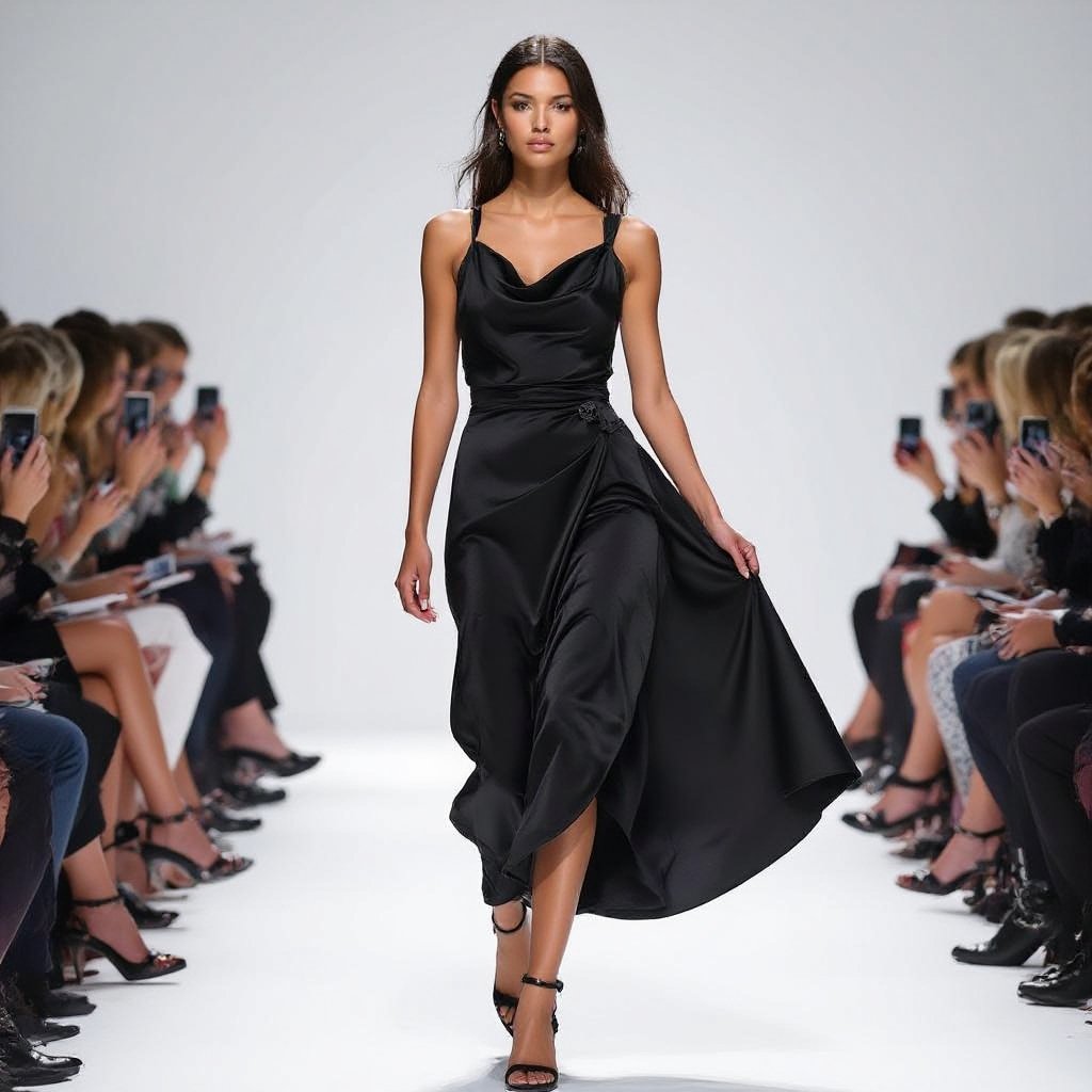 Skimpy model curvy
Skimpy model curvy, black silk dress, bias cut, cowl neck, sleeveless, midi length.