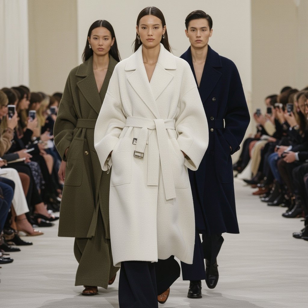 Technical Description of the Design (Oversized Modern Coat) • Cut (Silhouette): • Very oversized and wide with dropped shoulders. • Gives a youthful and modern vibe, like runway looks from Balenciaga or Max Mara. • Fluid movement that makes the piece comfortable and liberated from the traditional formal style. • Collar (Collar / Lapel): • Very wide collar (Exaggerated Notched Lapel) that breaks the usual routine. • Second option: Shawl Collar that’s wrapped and large, providing warmth and luxury. • Sleeves (Sleeves): • Long and wide with the option for wide turn-ups (Turn-Up). • Can add a button tab detail (strip with button) to control the sleeve width. • Details (Details): • Huge pockets (Oversized Patch Pockets) that are prominent to enhance the practical and artistic character. • Wide belt made from the same fabric, tied in an asymmetric way (Asymmetric Tie). • Large metallic buttons or hidden ones to add a different touch. • Length (Length): • Preferably mid-calf length or ankle length to highlight the oversized style elegantly. 🧵 Suggested Fabrics • Wool Blend (light blended wool): Ideal for warmth while emphasizing the shape. • Tweed or Bouclé: Adds an unusual texture. • Heavy Gabardine: Practical and provides clean lines. 🎨 Suggested Colors • Neutral colors: Beige, off-white, light gray, black. • Bold colors: Olive green, navy, or deep camel
**Oversized Modern Coat:** Very oversized, wide cut with dropped shoulders. Features an exaggerated notched lapel or a large shawl collar. Long, wide sleeves with turn-ups or button tabs. Oversized patch pockets, a wide self-fabric belt with an asymmetric tie, and large metallic or hidden buttons. Mid-calf or ankle length.
**Fabrics:** Wool blend, tweed, bouclé, heavy gabardine.
**Colors:** Beige, off-white, light gray, black, olive green, navy, deep camel.