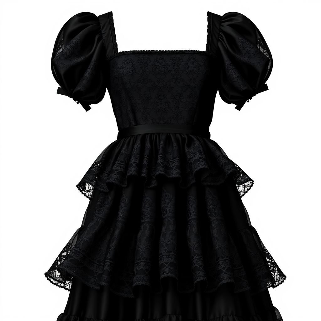 Black tier dress with square neckline and puff sleeves on a maniquin
Elegant black tiered dress cascading in soft layers, square neckline framing a delicate collarbone, puff sleeves adding volume and charm. Intricate lace detailing woven into the fabric, a subtle sheen reflecting light. A cinched waist accentuates silhouette, flowing into a playful hemline that dances with movement, exuding timeless sophistication.