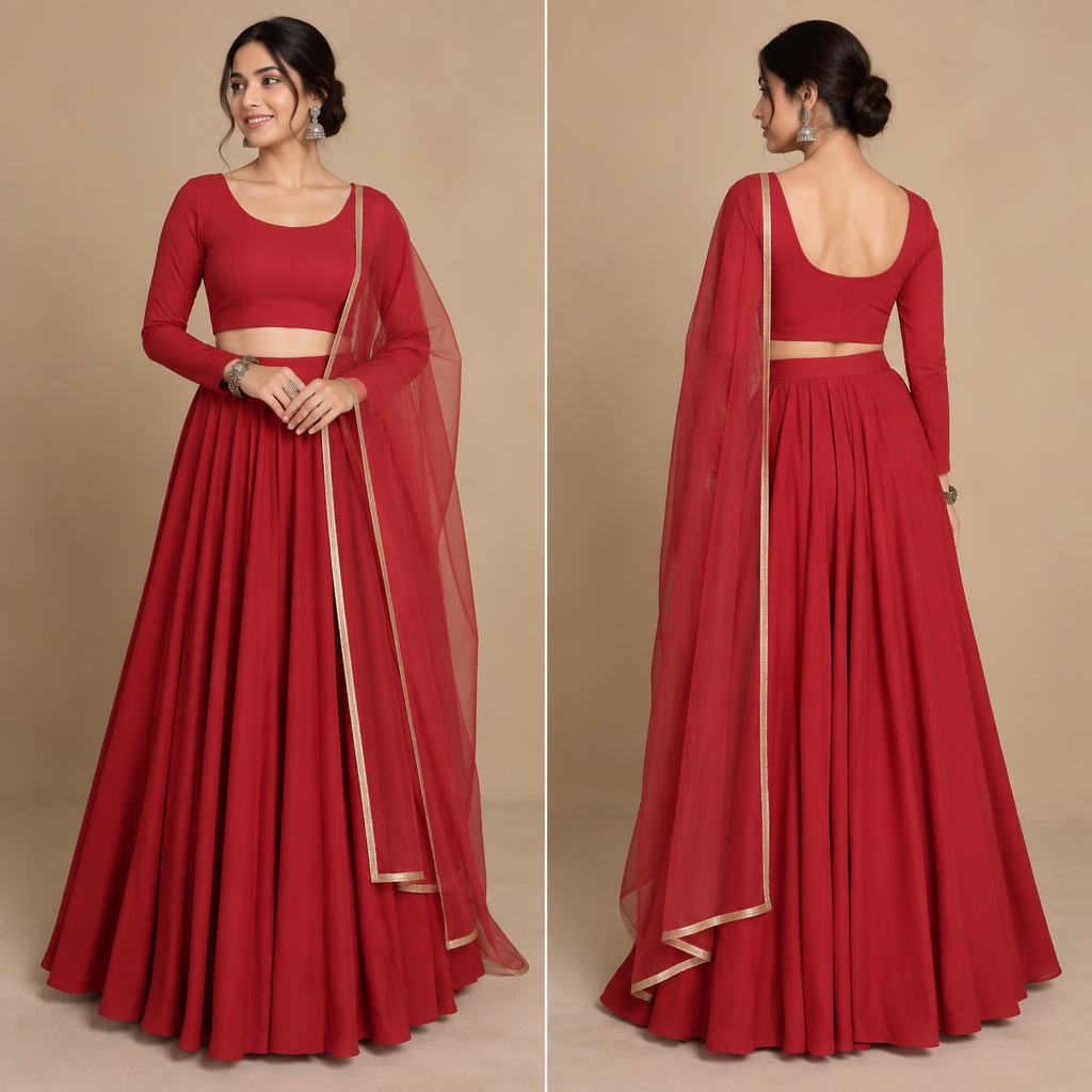 long plain red skirt with and plain top
garba outfit fit
dupatta your choice with is easily ab. Design with modest coverage. Present it as professional fashion catalogue photography: the garment is the subject, shown full-length with editorial styling, neutral posing and tasteful, non-suggestive framing.
photorealistic fashion design, long plain red skirt with and plain top
garba outfit fit
dupatta your choice with is easily ab. Design with modest coverage. Present it as professional fashion catalogue photography: the garment is the subject, shown full-length with editorial styling, neutral posing and tasteful, non-suggestive framing., just the design no text
