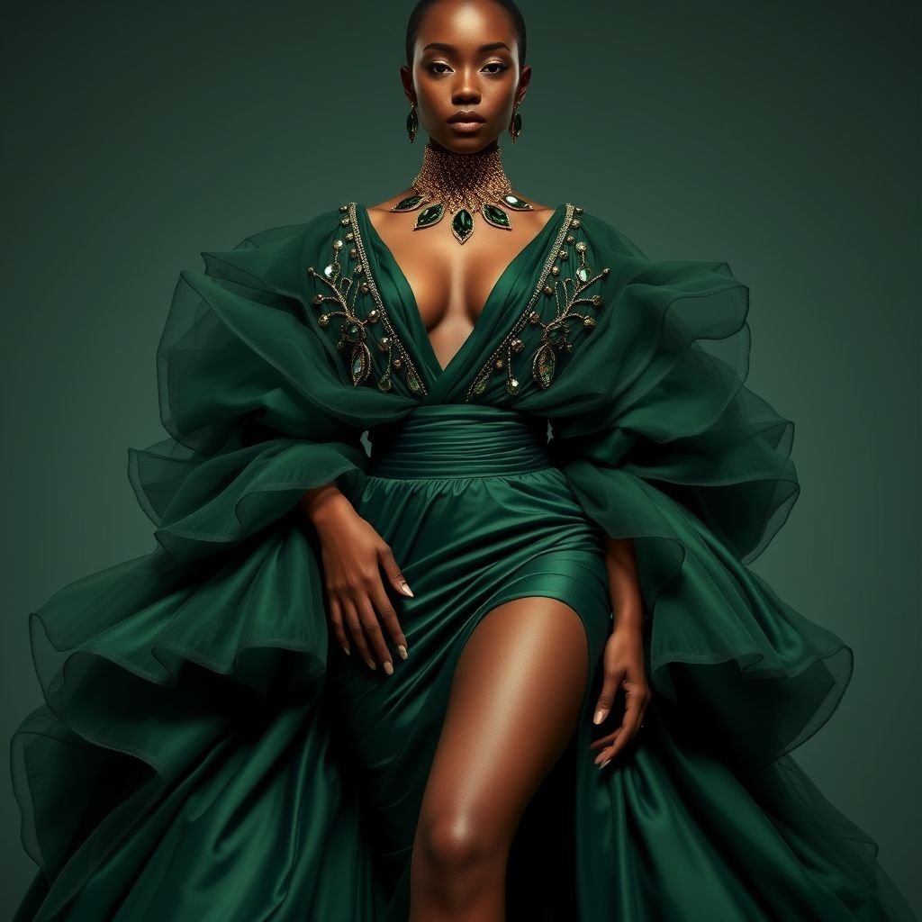 Create a woman’s kaftan that would wow. Add layers of fabric to create a big skirt but also add structure by ruching the waist. Give it a low neckline, and a monochrome hunter green color. Add details of ruched tulle and an accent of 6 inches ab crystals on a gold and green base to create a luxurious detail to the dress. The base fabric is duchess satin in hunter green
Design a stunning afrofuturist woman’s kaftan that merges tradition and modernity. Utilize layers of sumptuous duchess satin in rich hunter green for a voluminous skirt, featuring structured ruching at the waist. Highlight a daring low neckline with cascading ruched tulle, adorned with 6-inch gold and green crystal accents for an opulent, cosmic touch.
