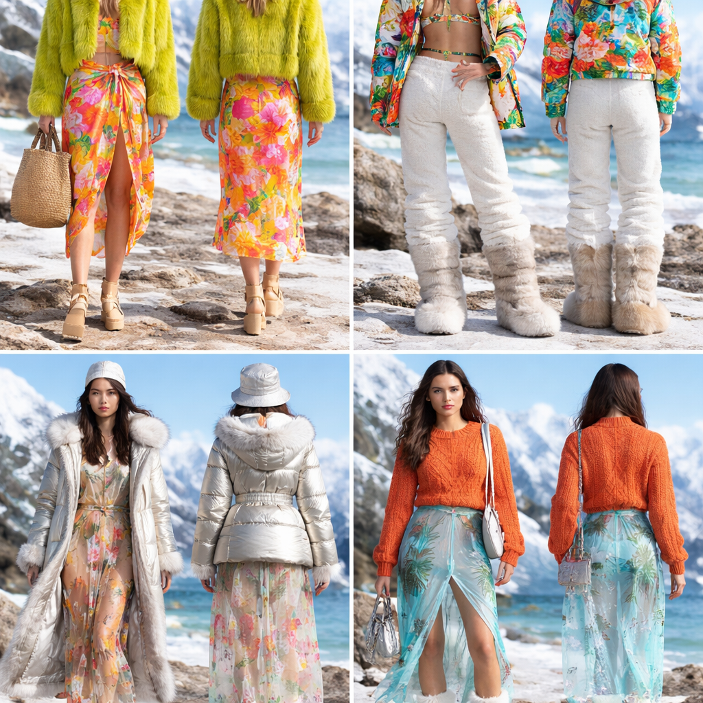 Off-Season
As we experience unpredictable and extreme weather, year-around styles continue to be a key focus but we will also see more radical seasonal contrasts coexisting and influencing each other.
Design strategies
Present S/S and A/W stories simultaneously in smaller, more focused and agile collections tailored to shifting consumer needs – including the increasing number of people travelling during shoulder months (All At Sea)
Aesthetically, this translates into a striking fusion of opposites – unexpected fabric mixes, surprising layering, Winter shapes in Summer hues and materials. Think bright sarongs paired with cosy outerwear, tropical prints for skiwear, as seen at Farm Rio (Brazil) and #TextureBlocking, blending Faux Fur and Snowy Textures with transparencies
Shifting weather patterns are also reshaping soil and cultural habits, creating new terroirs and tastes. Sicily, for example, is growing tropical fruits (National Geographic). Explore how these juxtapositions inspire unexpected pairings for pattern and colour, from frosted florals in full bloom to palm trees dusted with snow
Ones to watch: A. A. Spectrum (China)’s latest range is inspired by unpredictable weather patterns, with items that adapt to extreme heat, floods and unseasonably cold Summers
Relevant for: dresses, separates, outerwear, travelwear
Off-Season
As we experience unpredictable and extreme weather, year-around styles continue to be a key focus but we will also see more radical seasonal contrasts coexisting and influencing each other.
Design strategies
Present S/S and A/W stories simultaneously in smaller, more focused and agile collections tailored to shifting consumer needs – including the increasing number of people travelling during shoulder months (All At Sea)
Aesthetically, this translates into a striking fusion of opposites – unexpected fabric mixes, surprising layering, Winter shapes in Summer hues and materials. Think bright sarongs paired with cosy outerwear, tropical prints for skiwear, as seen at Farm Rio (Brazil) and #TextureBlocking, blending Faux Fur and Snowy Textures with transparencies
Shifting weather patterns are also reshaping soil and cultural habits, creating new terroirs and tastes. Sicily, for example, is growing tropical fruits (National Geographic). Explore how these juxtapositions inspire unexpected pairings for pattern and colour, from frosted florals in full bloom to palm trees dusted with snow
Ones to watch: A. A. Spectrum (China)’s latest range is inspired by unpredictable weather patterns, with items that adapt to extreme heat, floods and unseasonably cold Summers
Relevant for: dresses, separates, outerwear, travelwear, vintage style, show front and back