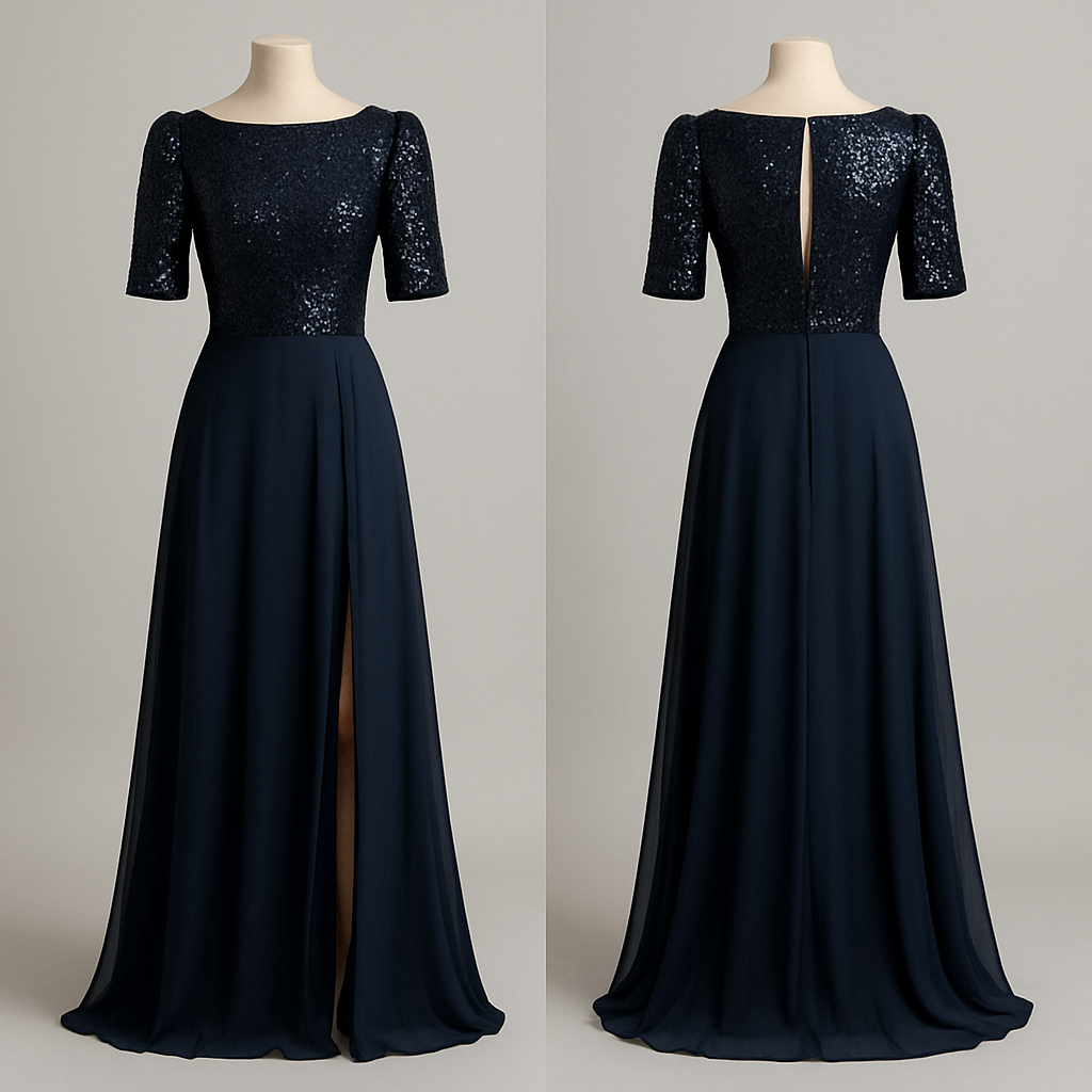 Se trata de un vestido largo de gala en color azul marino , de estilo elegante y moderno, con una combinación de tejidos brillantes y fluidos que crean un contraste sofisticado.
La parte superior del vestido está confeccionada en tela de lentejuelas negras hasta la cadera que aportan brillo y textura. El corte del cuerpo es ajustado, entallado a la silueta, con escote recto y líneas limpias que realzan la figura.
A este diseño se le deben añadir mangas confeccionadas con la misma tela de lentejuelas. Las mangas deben llegar hasta el codo con un fruncido al final con un ajuste cómodo y elegante, siguiendo la forma natural del brazo con un poco de volumen 
En la espalda, el diseño incluirá una apertura central (una hendidura vertical) que comience en la parte superior y llegue hasta media espalda. Esta abertura debe ser discreta pero visible, un poco abierta aportando un toque sensual y moderno al conjunto. Se puede cerrar en la parte superior con un pequeño broche o botón oculto para mantener el acabado fino.
La falda conserva el diseño original: larga, de tela ligera de gasa o tul negro semitransparente, que cae desde la cintura con un movimiento fluido y elegante. Puede incluir una abertura lateral que deje entrever la pierna al caminar, añadiendo dinamismo al conjunto.
En conjunto, el vestido mantiene un equilibrio entre el brillo sofisticado de la parte superior y la ligereza etérea de la falda, ideal para eventos de noche o de gala.

Se trata de un vestido largo de gala en color azul marino , de estilo elegante y moderno, con una combinación de tejidos brillantes y fluidos que crean un contraste sofisticado.
La parte superior del vestido está confeccionada en tela de lentejuelas negras hasta la cadera que aportan brillo y textura. El corte del cuerpo es ajustado, entallado a la silueta, con escote recto y líneas limpias que realzan la figura.
A este diseño se le deben añadir mangas confeccionadas con la misma tela de lentejuelas. Las mangas deben llegar hasta el codo con un fruncido al final con un ajuste cómodo y elegante, siguiendo la forma natural del brazo con un poco de volumen 
En la espalda, el diseño incluirá una apertura central (una hendidura vertical) que comience en la parte superior y llegue hasta media espalda. Esta abertura debe ser discreta pero visible, un poco abierta aportando un toque sensual y moderno al conjunto. Se puede cerrar en la parte superior con un pequeño broche o botón oculto para mantener el acabado fino.
La falda conserva el diseño original: larga, de tela ligera de gasa o tul negro semitransparente, que cae desde la cintura con un movimiento fluido y elegante. Puede incluir una abertura lateral que deje entrever la pierna al caminar, añadiendo dinamismo al conjunto.
En conjunto, el vestido mantiene un equilibrio entre el brillo sofisticado de la parte superior y la ligereza etérea de la falda, ideal para eventos de noche o de gala., show front and back