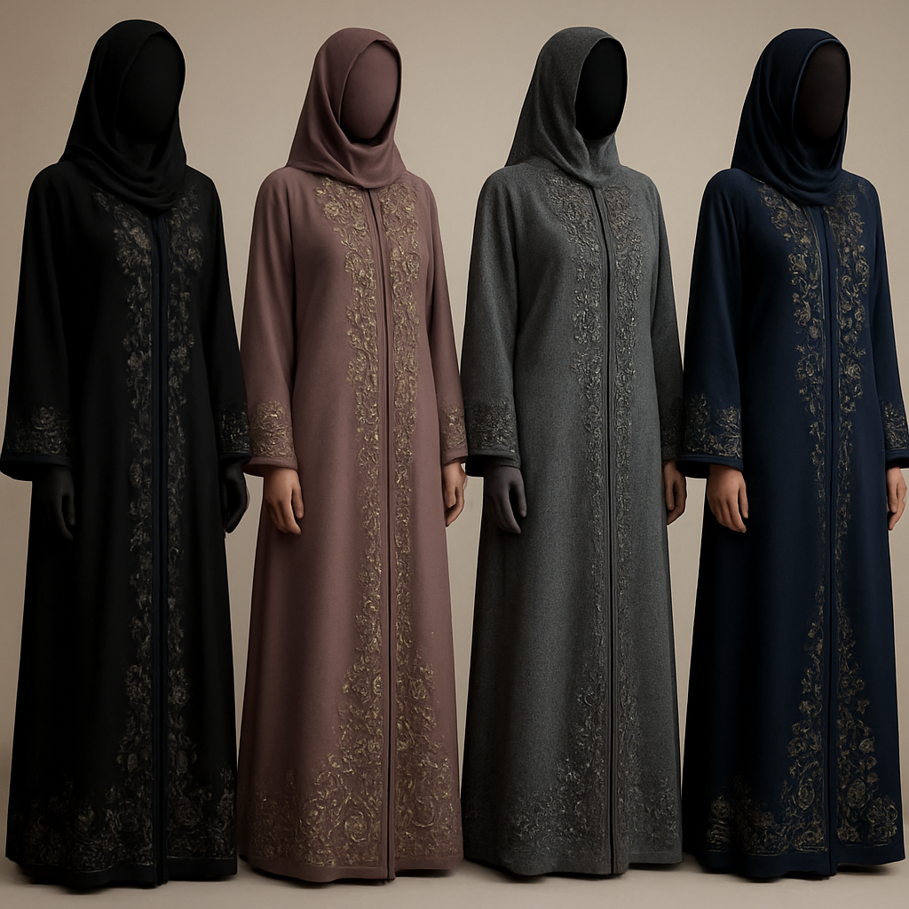 Create me modest abaya that's first in the world, using unique stone design, classy and sophisticated. Keep me 4 designs. Make them rich by adding unique chic stone embroidery and stones designs. Showcasing different styles and fabric.
Create me modest abaya that's first in the world, using unique stone design, classy and sophisticated. Keep me 4 designs. Make them rich by adding unique chic stone embroidery and stones designs. Showcasing different styles and fabric.