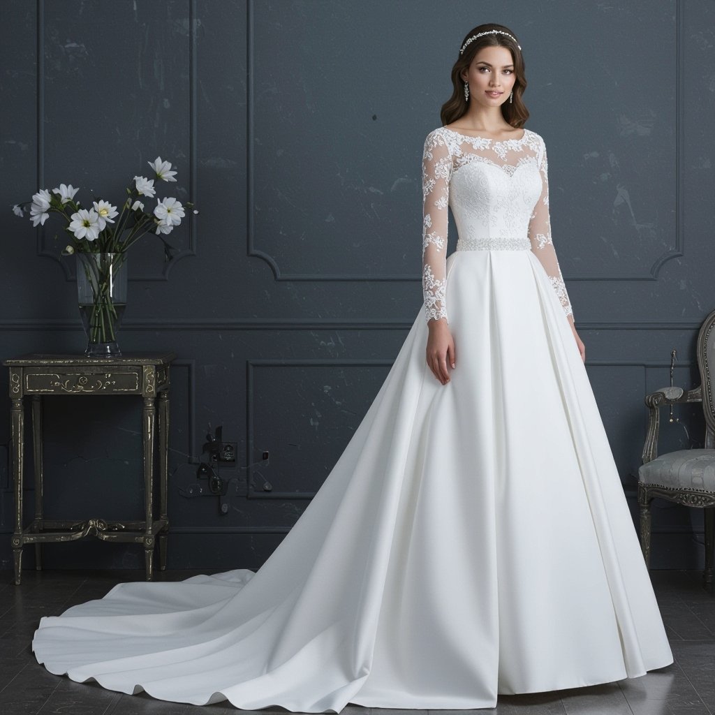 Modest wedding dress for plus size”
Winter fashion: Modest, long-sleeved wedding dress for plus size, thick satin, white.