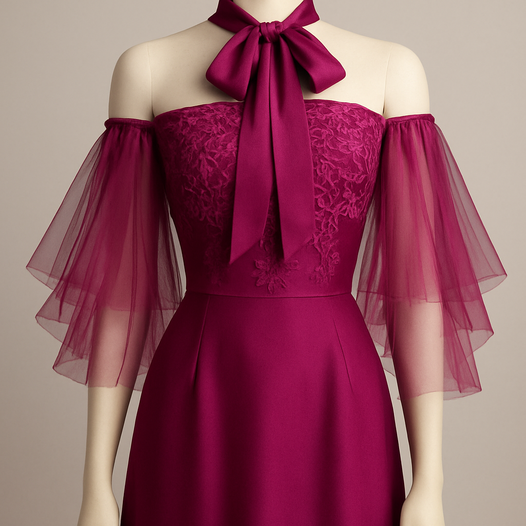 • فستان فوشيا أرجواني فاخر من كريب حريري.
• ياقة ربطة عند العنق أنيقة بنفس القماش.
• الأكتاف مكشوفة بالكامل.
• فرفر (كشكشة تول ناعم شفاف) بنفس درجة اللون، يبدأ من تحت الربطة ويمتد بانسيابية حتى منتصف الذراع (الزند).
• التطريز في الجزء العلوي ناعم كما في الرسومات السابقة
• فستان فوشيا أرجواني فاخر من كريب حريري.
• ياقة ربطة عند العنق أنيقة بنفس القماش.
• الأكتاف مكشوفة بالكامل.
• فرفر (كشكشة تول ناعم شفاف) بنفس درجة اللون، يبدأ من تحت الربطة ويمتد بانسيابية حتى منتصف الذراع (الزند).
• التطريز في الجزء العلوي ناعم كما في الرسومات السابقة