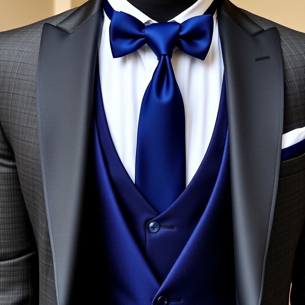 dark Grey wedding tuxedo jacket with a deep sapphire blue vestand tie and white shirt
Envision a modern, elegant wedding tuxedo ensemble featuring a tailored dark grey jacket, artfully textured with subtle tonal patterns. Underneath, a deep sapphire blue vest adds a striking contrast, while a meticulously knotted tie mirrors the vest’s rich hue. A crisp white shirt peeks through, exuding sophistication and timeless charm.