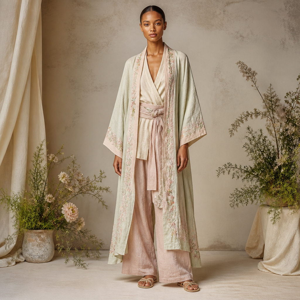 A Unisex Kimono design, made of Linen, with a soft, cosy hand, styled in layers, in a Pastels color palette, suitable for Spring, in Glamorous + Cottagecore style, shown on a model with brown skin. GT fashion aesthetics. Present it as professional fashion catalogue photography: the garment is the subject, shown full-length with editorial styling, neutral posing and tasteful, non-suggestive framing.
photorealistic fashion design, A Unisex Kimono design, made of Linen, with a soft, cosy hand, styled in layers, in a Pastels color palette, suitable for Spring, in Glamorous + Cottagecore style, shown on a model with brown skin. GT fashion aesthetics. Present it as professional fashion catalogue photography: the garment is the subject, shown full-length with editorial styling, neutral posing and tasteful, non-suggestive framing., glamorous style, just the design no text