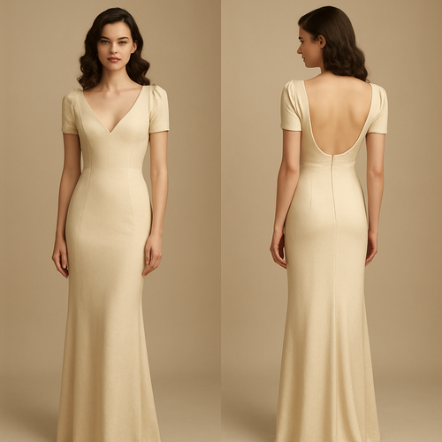Quiero un vestido largo, ajustado, con espalda descubierta y escote en V, con manga corta q sea ideal para graduación