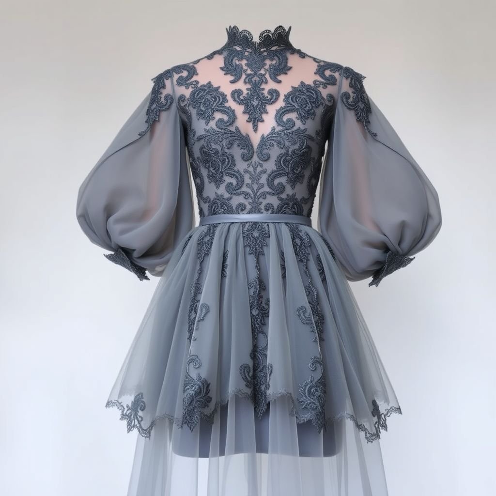 slate grey, lace, tulle, mini, mutton sleeves
Design an exquisite haute couture mini dress in slate grey, where intricate lace detailing dances across layers of soft tulle. The elegance of mutton sleeves drapes gracefully, adding a voluminous silhouette that contrasts with the fitted bodice. This avant-garde piece embodies sophistication, timeless charm, and a whisper of ethereal romance.