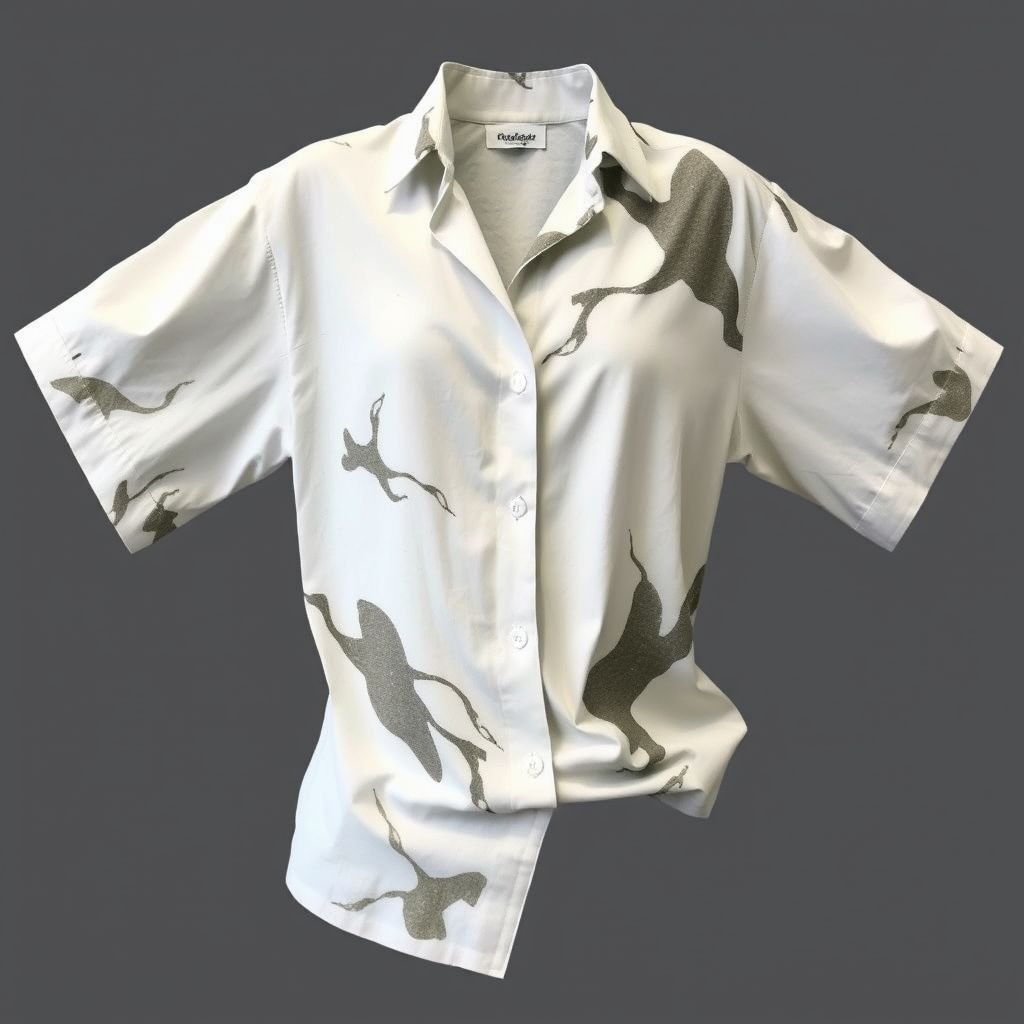 Shirt ,Edgy shirt ,artsy ,cassual ,contemporer ,elegant , white ,unique.
Design an edgy, artsy cotton shirt that embodies contemporary elegance. The shirt should feature unique, abstract prints in minimalist white hues, creating a striking visual contrast. Incorporate asymmetrical cuts and playful draping to enhance its casual flair. Emphasize the breathable, soft texture of the cotton, making it perfect for stylish comfort.