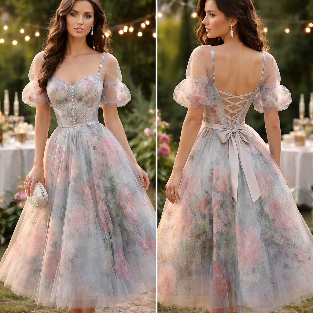 Create a gorgeous romantic date night tea length dress with an ultra feminine feel and Monet vibe. The head turning back should feature gorgeous cut out details
Create a gorgeous romantic date night tea length dress with an ultra feminine feel and Monet vibe. The head turning back should feature gorgeous cut out details, vintage style, show front and back