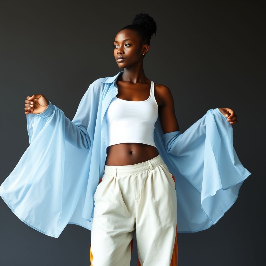 Imagine a light skin African top model wearing a long sleeved light blue chiffon shirt with extra long sleeves covering her hands ,shirt opened to reveal white cropped singled and low waisted very big baggy barrel pants cuffed at the ankle in multi colored Adire material
Envision a light-skinned African top model embodying minimalist elegance. She sports a flowing, airy light blue chiffon shirt with dramatically elongated sleeves that elegantly cascade over her hands. The shirt billows open, revealing a crisp white cropped tank. Paired with oversized, cuffed low-waisted baggy barrel pants in vibrant, multi-colored Adire fabric, this look balances simplicity and cultural richness, focusing on color play and silhouette.