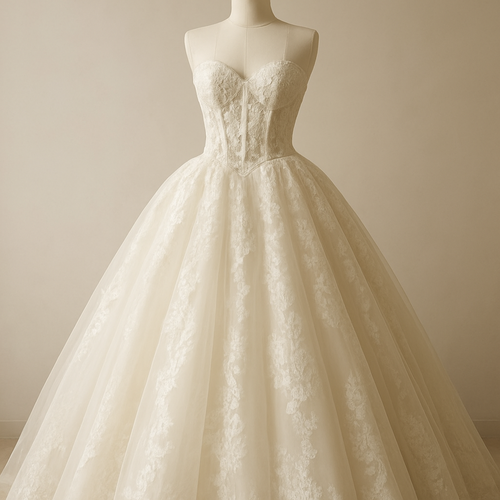 Silhouette: ball gown , basque waist, exposed corset bodice, 
Fabric : lace, tulle and satin 
Neckline: sweetheart 
Length; floor length skirt 