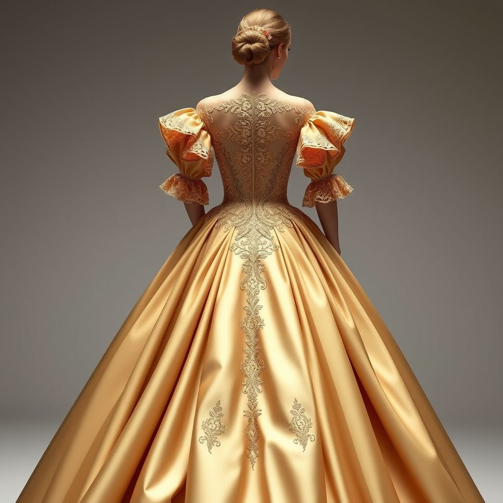 Gold Appliqued Double Colored Corset Back Quinceañera Dres
Design a luxurious Regency-inspired Quinceañera dress featuring a gold appliquéd double-colored corset back. The gown flows gracefully in rich silk, adorned with delicate lace trim and oversized ruffles at the sleeves. An elegant empire waist accentuates the silhouette, while billowing skirts cascade to the floor, evoking timeless sophistication and romance.