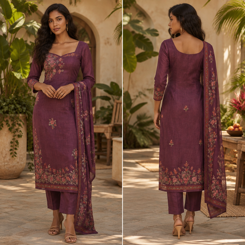 A Female Salwar Kameez design, made of Linen, with a Fitted silhouette, in a Jewel Tones color palette, for Date Night, suitable for Spring, suited to a Tropical climate, in Cottagecore style, shown on a model with brown skin. Brazil fashion aesthetics. Present it as professional fashion catalogue photography: the garment is the subject, shown full-length with editorial styling, neutral posing and tasteful, non-suggestive framing.
photorealistic fashion design, A Female Salwar Kameez design, made of Linen, with a Fitted silhouette, in a Jewel Tones color palette, for Date Night, suitable for Spring, suited to a Tropical climate, in Cottagecore style, shown on a model with brown skin. Brazil fashion aesthetics. Present it as professional fashion catalogue photography: the garment is the subject, shown full-length with editorial styling, neutral posing and tasteful, non-suggestive framing., cottagecore style, just the design no text, show front and back