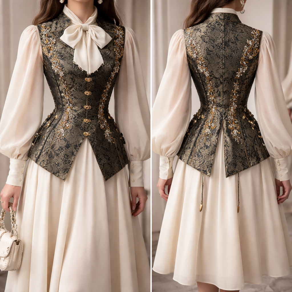 Design a vest that uses princess seams—long, continuous panels that run from the armhole or shoulder down to the hem—to create a tailored, sculptural fit without horizontal waist joins.
Fabric & Structure: Use a heavy, structured fabric like jacquard, velvet, or brocade to maintain a regal silhouette.
Unique Details:
Neckline: Incorporate a Mandarin collar for a formal, stand-up look or a deep V-neckline to allow for ornate layering underneath.
Embellishments: Apply hand-embroidered floral motifs, mother-of-pearl sequins, or delicate beadwork along the seam lines to emphasize the royal "princess" feel.
Closure: Use antique-style metal buttons or corset-inspired side lacing for an adjustable, fitted silhouette.
The Layering: The "Peasant Princess" Blouse
Contrast the structured vest with a soft, flowing under-layer, often referred to in fairytale-inspired fashion as a "peasant princess" style.
Sleeves: Opt for dramatic puff sleeves or long bishop sleeves with tight, buttoned cuffs to add volume and romance.
Neckline: A pussy-bow or tie-neck blouse creates a sophisticated, regal finish that sits beautifully over the vest’s neckline.
The Complete Ensemble
Bottoms: For a modern royal look, pair the vest with wide-leg pleated trousers. For a more traditional fantasy look, choose a patterned midiskirt or an A-line skirt that complements the vest's tailored waist.
Accessories: Finish the look with Mary Jane shoes or loafers and pearl hoop earrings to lean into the "Grandma Chic" royal trend.
Design a vest that uses princess seams—long, continuous panels that run from the armhole or shoulder down to the hem—to create a tailored, sculptural fit without horizontal waist joins.
Fabric & Structure: Use a heavy, structured fabric like jacquard, velvet, or brocade to maintain a regal silhouette.
Unique Details:
Neckline: Incorporate a Mandarin collar for a formal, stand-up look or a deep V-neckline to allow for ornate layering underneath.
Embellishments: Apply hand-embroidered floral motifs, mother-of-pearl sequins, or delicate beadwork along the seam lines to emphasize the royal "princess" feel.
Closure: Use antique-style metal buttons or corset-inspired side lacing for an adjustable, fitted silhouette.
The Layering: The "Peasant Princess" Blouse
Contrast the structured vest with a soft, flowing under-layer, often referred to in fairytale-inspired fashion as a "peasant princess" style.
Sleeves: Opt for dramatic puff sleeves or long bishop sleeves with tight, buttoned cuffs to add volume and romance.
Neckline: A pussy-bow or tie-neck blouse creates a sophisticated, regal finish that sits beautifully over the vest’s neckline.
The Complete Ensemble
Bottoms: For a modern royal look, pair the vest with wide-leg pleated trousers. For a more traditional fantasy look, choose a patterned midiskirt or an A-line skirt that complements the vest's tailored waist.
Accessories: Finish the look with Mary Jane shoes or loafers and pearl hoop earrings to lean into the "Grandma Chic" royal trend., show front and back