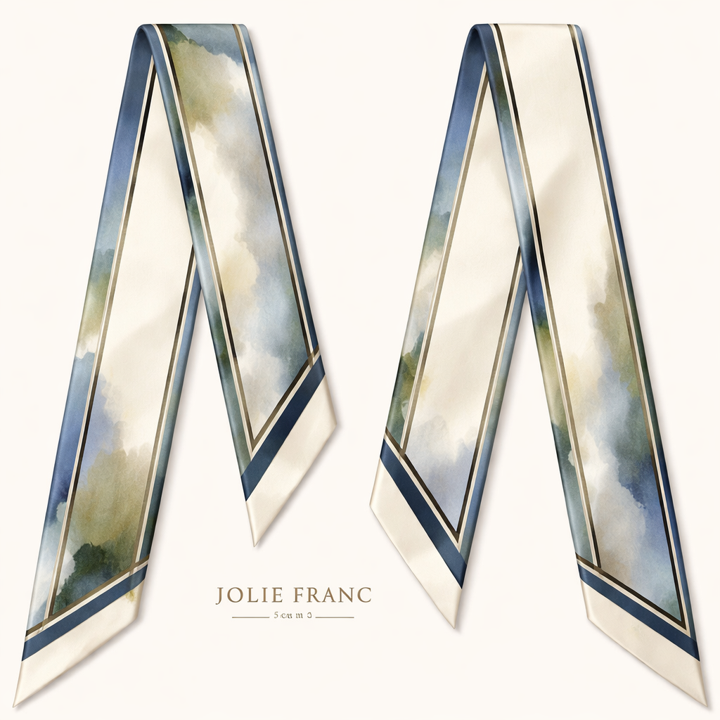 Design a 5cm x 86cm silk twill scarf for a luxury brand called Jolie Franc. The style blends American preppy tailoring, British refinement, and subtle French Impressionist artistry. Feature a clean, tailored interior field with a softly painterly border inspired by French Impressionist light and atmosphere. The border should show gentle color transitions rather than visible brushstrokes. Use a timeless, all-season palette of warm ivory, deep navy, soft steel blue, and muted olive, with discreet antique gold detailing. Include a precise framed border and hand-rolled edges. The overall design should feel polished, artistic, and instantly recognizable when wrapped around a Kelly-style bag handle or worn for elegant day-to-evening occasions.
Design a 5cm x 86cm silk twill scarf for a luxury brand called Jolie Franc. The style blends American preppy tailoring, British refinement, and subtle French Impressionist artistry. Feature a clean, tailored interior field with a softly painterly border inspired by French Impressionist light and atmosphere. The border should show gentle color transitions rather than visible brushstrokes. Use a timeless, all-season palette of warm ivory, deep navy, soft steel blue, and muted olive, with discreet antique gold detailing. Include a precise framed border and hand-rolled edges. The overall design should feel polished, artistic, and instantly recognizable when wrapped around a Kelly-style bag handle or worn for elegant day-to-evening occasions., classic style, show front and back