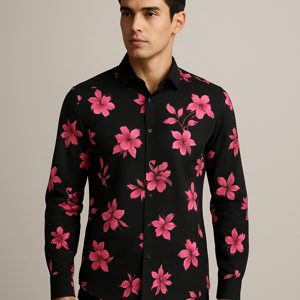 Create a black shirt for a man model with pink floral print on it 



Create a black shirt for a man model with pink floral print on it 

