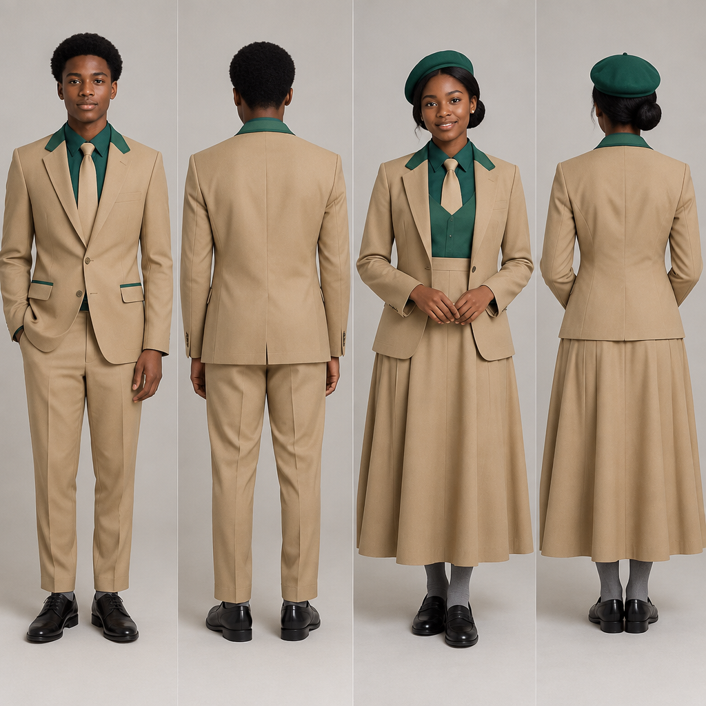Design a light brown blazer with green accents for both male and female. Light brown arms .No writings on the blazer . Use black teenagers as models. show back and front face.
A fit and flare dress top half green and bottom half light brown,covering chest area,almost reaching ankles. Green barrett, light brown tie and grey socks for the female.
A light brown relaxed trouser reaching ankles. Green shirt,light brown tie and grey socks for the male.
Nice black school shoes for both. Both must be wearing blazer.. Design with modest coverage. Present it as professional fashion catalogue photography: the garment is the subject, shown full-length with editorial styling, neutral posing and tasteful, non-suggestive framing.
photorealistic fashion design, Design a light brown blazer with green accents for both male and female. Light brown arms .No writings on the blazer . Use black teenagers as models. show back and front face.
A fit and flare dress top half green and bottom half light brown,covering chest area,almost reaching ankles. Green barrett, light brown tie and grey socks for the female.
A light brown relaxed trouser reaching ankles. Green shirt,light brown tie and grey socks for the male.
Nice black school shoes for both. Both must be wearing blazer.. Design with modest coverage. Present it as professional fashion catalogue photography: the garment is the subject, shown full-length with editorial styling, neutral posing and tasteful, non-suggestive framing., just the design no text, show front and back