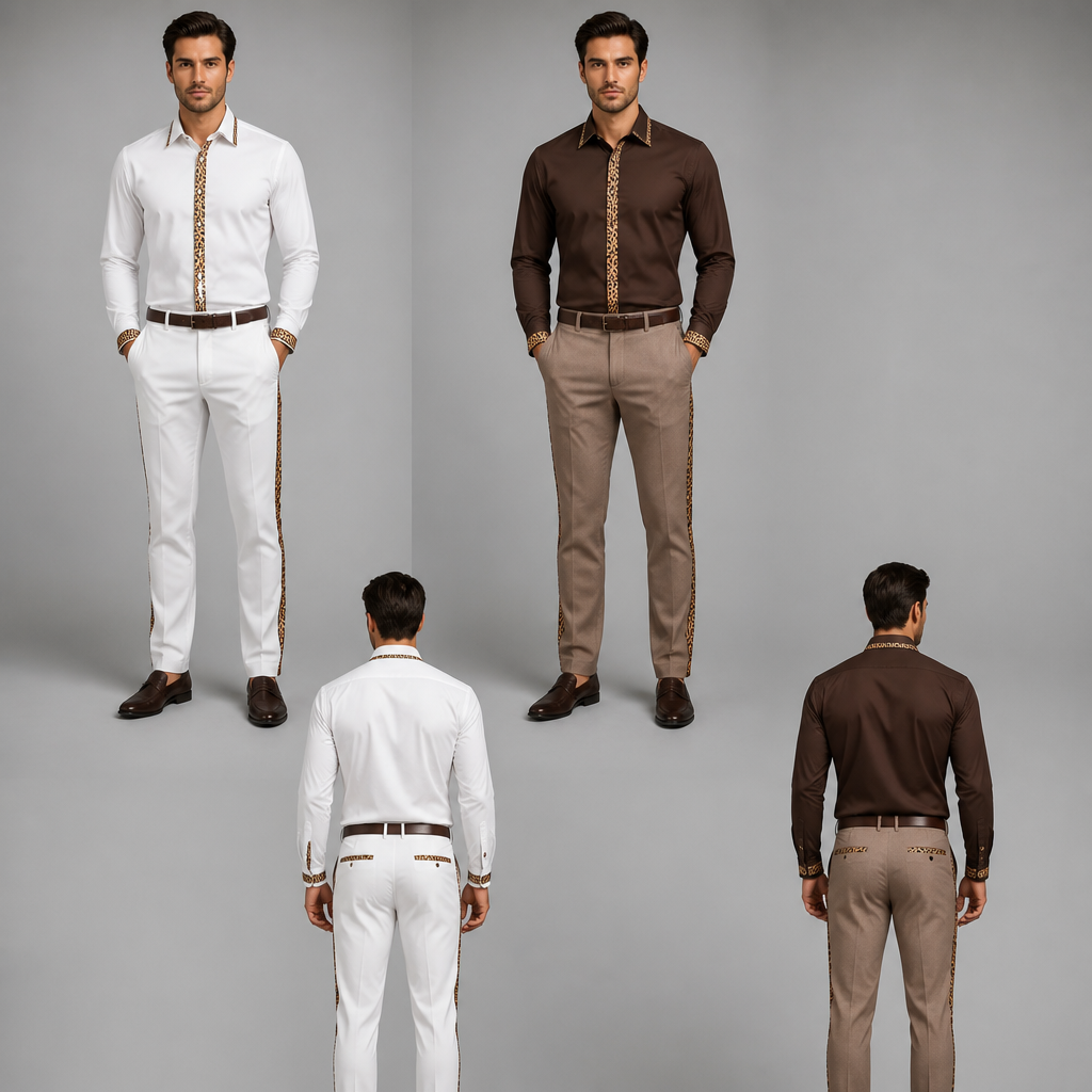 Un ensemble pantalon chemise homme pour serveur restaurant. L’ensemble a un design avec tissu panthère noir et marron sur la chemise et sur la finition du pantalon, simple mais élégant, classique. Je veux deux design, un vêtement en blanc et l’autre en marron
photorealistic fashion design, Un ensemble pantalon chemise homme pour serveur restaurant. L’ensemble a un design avec tissu panthère noir et marron sur la chemise et sur la finition du pantalon, simple mais élégant, classique. Je veux deux design, un vêtement en blanc et l’autre en marron , office style, just the design no text, show front and back