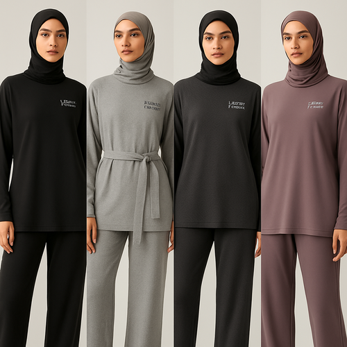 Create a revolutionary women's modest loose gym wear brand called "Modest Fleur". Display the brand name on the in a unique design on the upper right side, in small thick writing that exudes a classy and sophisticated vibe. I'd like four designs, each showcasing different styles and fabrics, with high-end, chic designs to make them truly special. Making it first design in the world 