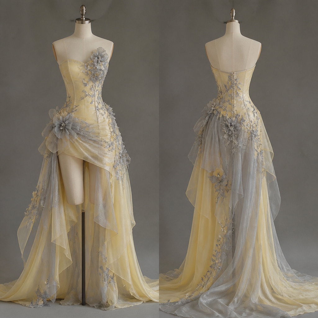 photorealistic fashion design, photorealistic fashion design, in Elegant + Glamorous style. with butter yellow and ash, elegant style, just the design no text, show front and back. Refinement: make the back longer and the front shorter, just the design no text. Refinement: reveal the thighs a little bit
photorealistic fashion design, photorealistic fashion design, photorealistic fashion design, in Elegant + Glamorous style. with butter yellow and ash, elegant style, just the design no text, show front and back. Refinement: make the back longer and the front shorter, just the design no text. Refinement: reveal the thighs a little bit , just the design no text