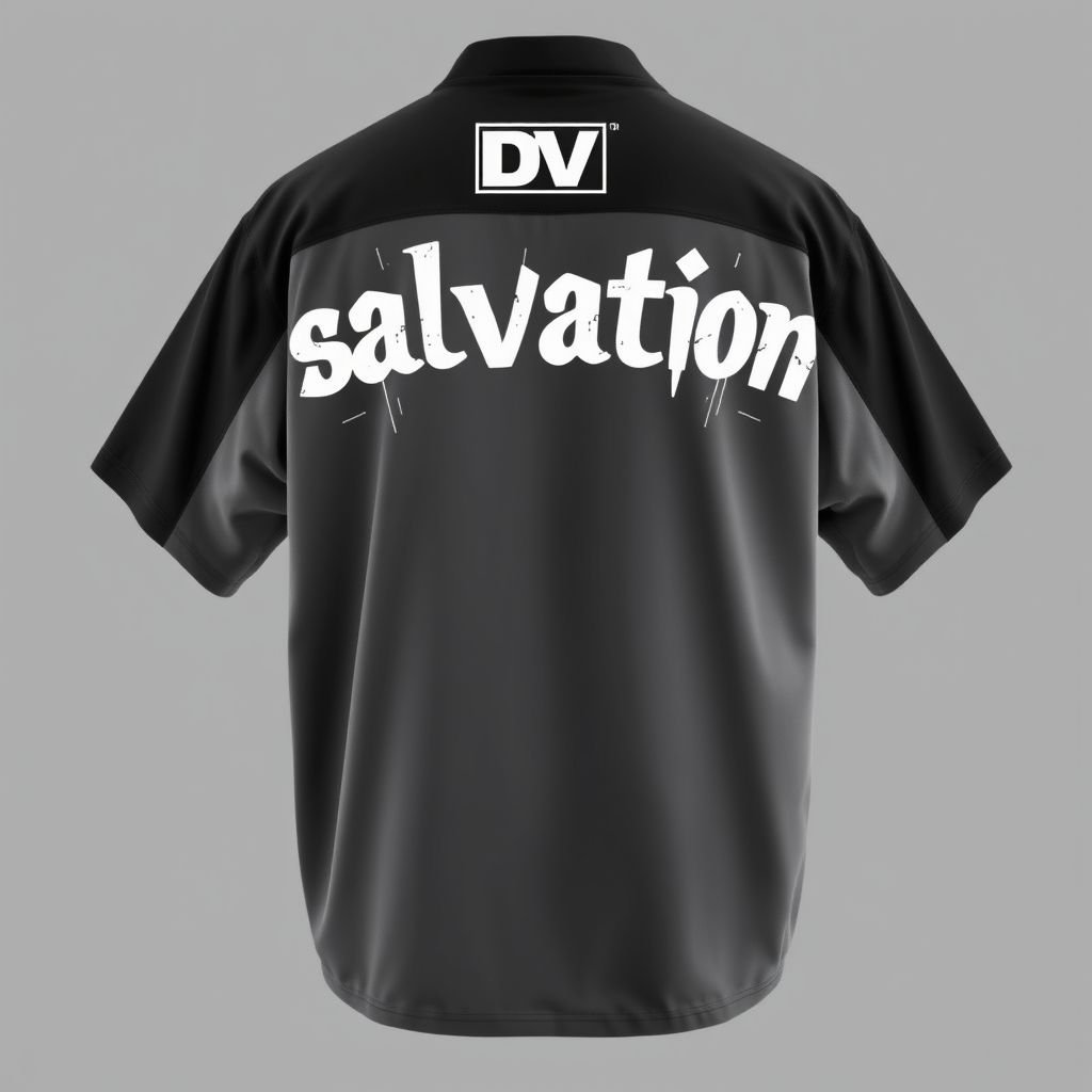 Men’s Shirt, salvation across shoulders on back of shirt. Grey on grey, dark grey/light grey. Oversized streetwear shirt, with light graffiti on it. With “DV” on front in top left. Show both front and back.
Design an oversized men's streetwear shirt in a striking grey color palette, blending dark and light grey shades. The back features bold, eye-catching lettering spelling "salvation" across the shoulders, complemented by subtle light graffiti patterns throughout. The front boasts a prominent "DV" logo on the top left, merging urban artistry with contemporary fashion.