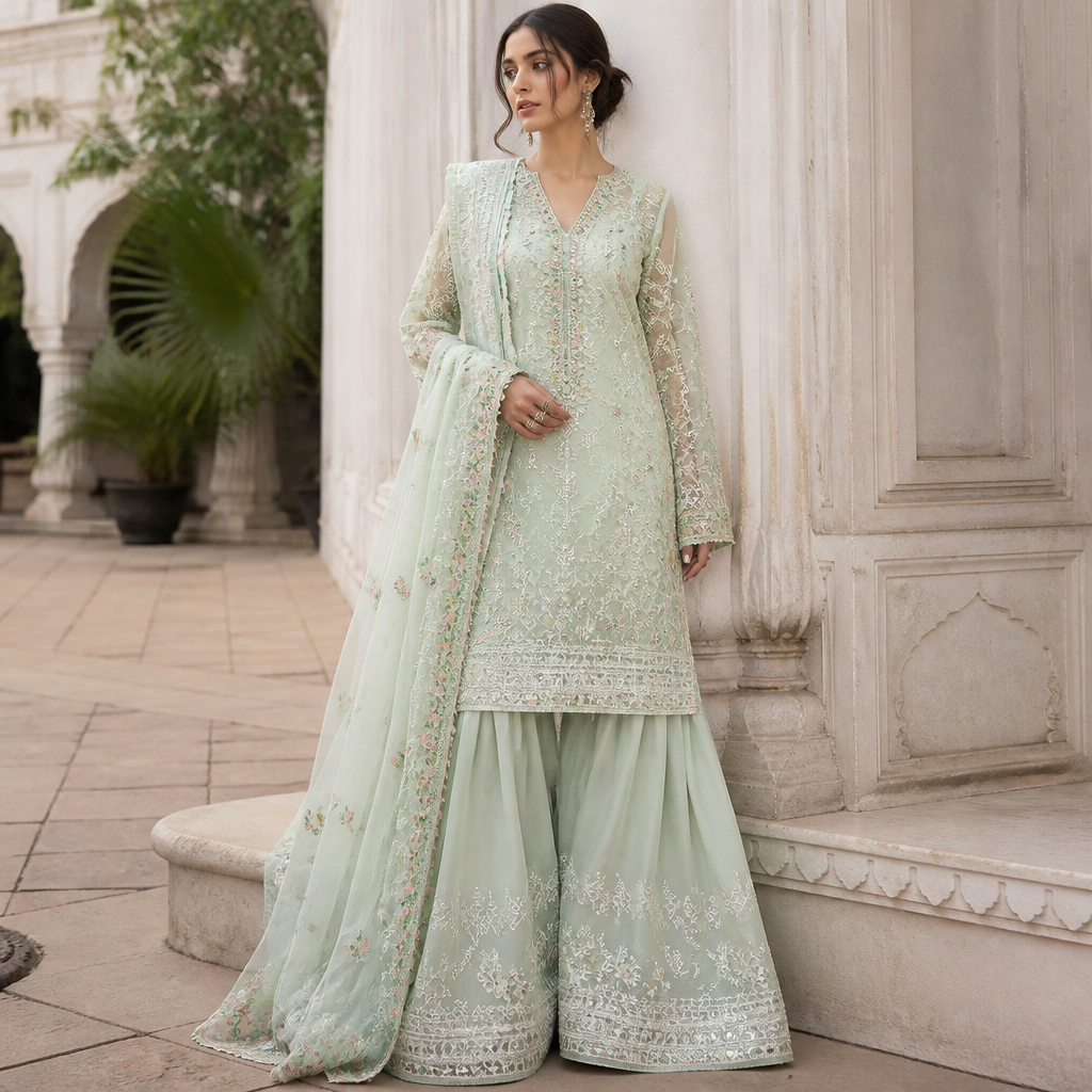 A Female Dress design, suitable for Summer. Consider Pakistani fashion — shalwar kameez, gharara, sharara; lawn fabrics, chiffon; intricate embroidery and mirror work. Current season is Summer in Pakistan.
photorealistic fashion design, A Female Dress design, suitable for Summer. Consider Pakistani fashion — shalwar kameez, gharara, sharara; lawn fabrics, chiffon; intricate embroidery and mirror work. Current season is Summer in Pakistan., just the design no text