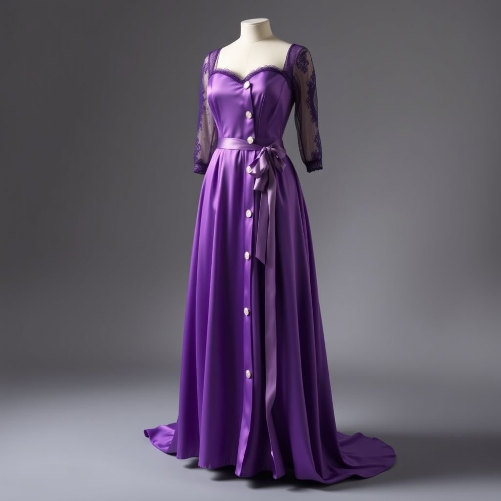 A flowy purple silk dress
Design a flowy purple silk dress that exudes classic elegance, featuring a sweetheart neckline and delicate lace sleeves. The silhouette gracefully drapes to the floor, accented with a cinched waist and a cascading train. Embellish with vintage-inspired pearl buttons and a delicate satin ribbon for a timeless, sophisticated look.