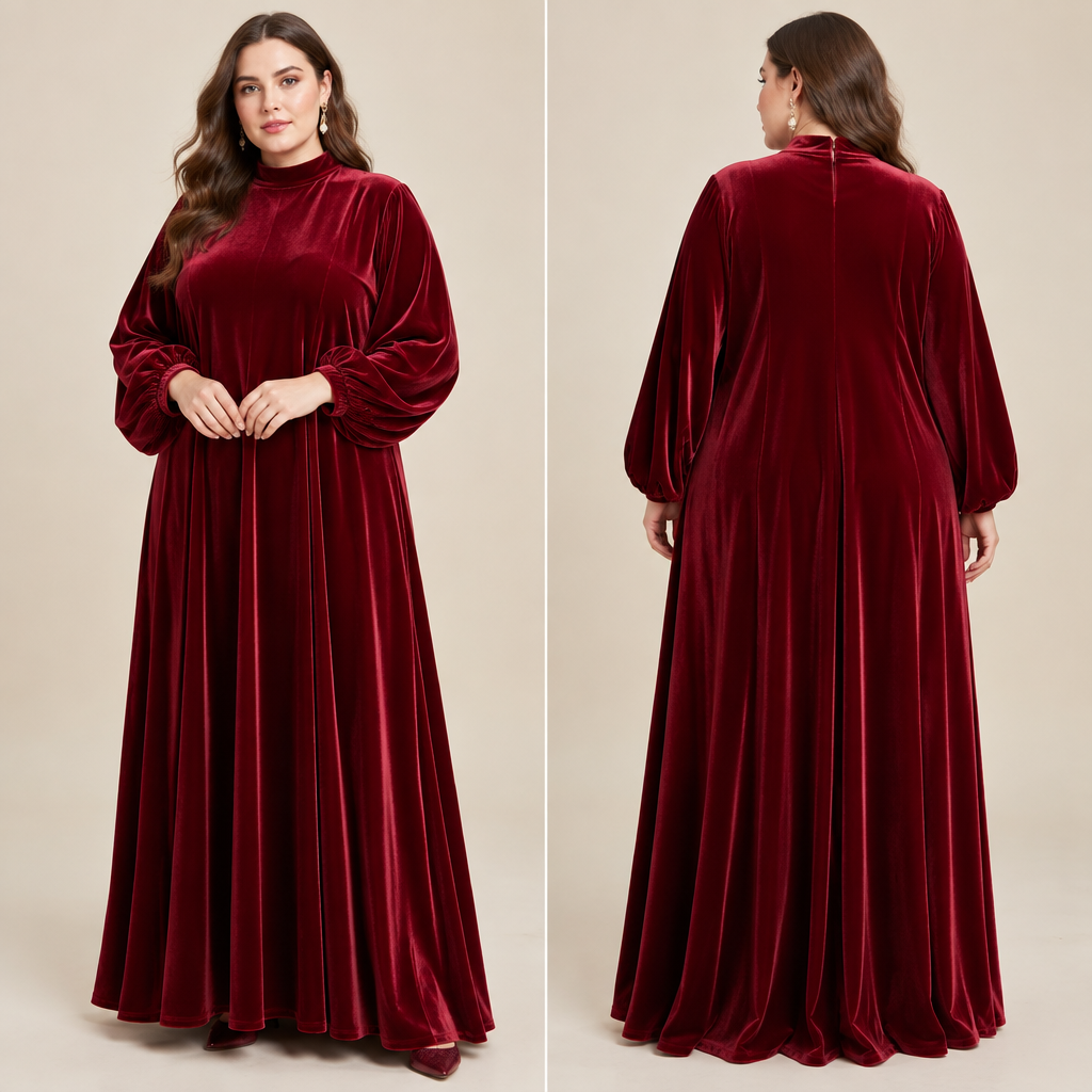 A Female Dress design, made of Velvet, with a light, flowing drape, with an Oversized silhouette, with modest, full coverage: longer hemlines, higher necklines and covered shoulders, in a Bold & Bright color palette, for Party, suitable for Fall, suited to a Temperate climate, in Classic style, shown on a model with light skin and a curvy figure. LY fashion aesthetics. Present it as professional fashion catalogue photography: the garment is the subject, shown full-length with editorial styling, neutral posing and tasteful, non-suggestive framing.
photorealistic fashion design, A Female Dress design, made of Velvet, with a light, flowing drape, with an Oversized silhouette, with modest, full coverage: longer hemlines, higher necklines and covered shoulders, in a Bold & Bright color palette, for Party, suitable for Fall, suited to a Temperate climate, in Classic style, shown on a model with light skin and a curvy figure. LY fashion aesthetics. Present it as professional fashion catalogue photography: the garment is the subject, shown full-length with editorial styling, neutral posing and tasteful, non-suggestive framing., classic style, just the design no text, show front and back