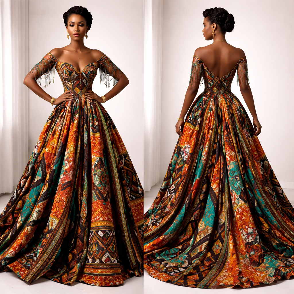 Design a beautiful flow gown without a corset, it should have Cameroonian Bamenda cultural patterns with a beautiful raindrop shoulders
Design a beautiful flow gown without a corset, it should have Cameroonian Bamenda cultural patterns with a beautiful raindrop shoulders , elegant style, show front and back