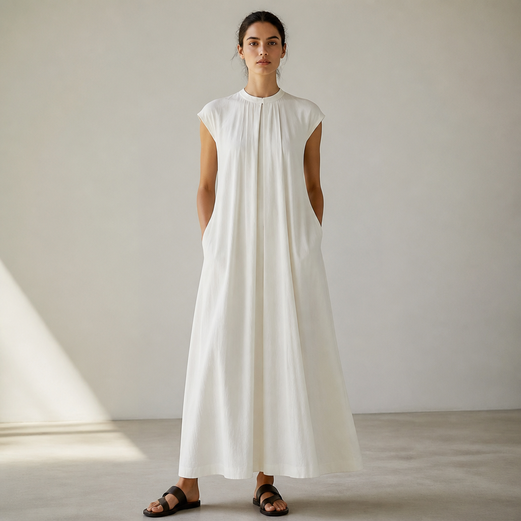 A Unisex Dress design, with modest, full coverage: longer hemlines, higher necklines and covered shoulders, suitable for Summer. Consider French fashion — haute couture tradition, Parisian chic, understated elegance, quality over quantity, effortless styling. Current season is Summer in France. Present it as professional fashion catalogue photography: the garment is the subject, shown full-length with editorial styling, neutral posing and tasteful, non-suggestive framing.
photorealistic fashion design, A Unisex Dress design, with modest, full coverage: longer hemlines, higher necklines and covered shoulders, suitable for Summer. Consider French fashion — haute couture tradition, Parisian chic, understated elegance, quality over quantity, effortless styling. Current season is Summer in France. Present it as professional fashion catalogue photography: the garment is the subject, shown full-length with editorial styling, neutral posing and tasteful, non-suggestive framing., just the design no text