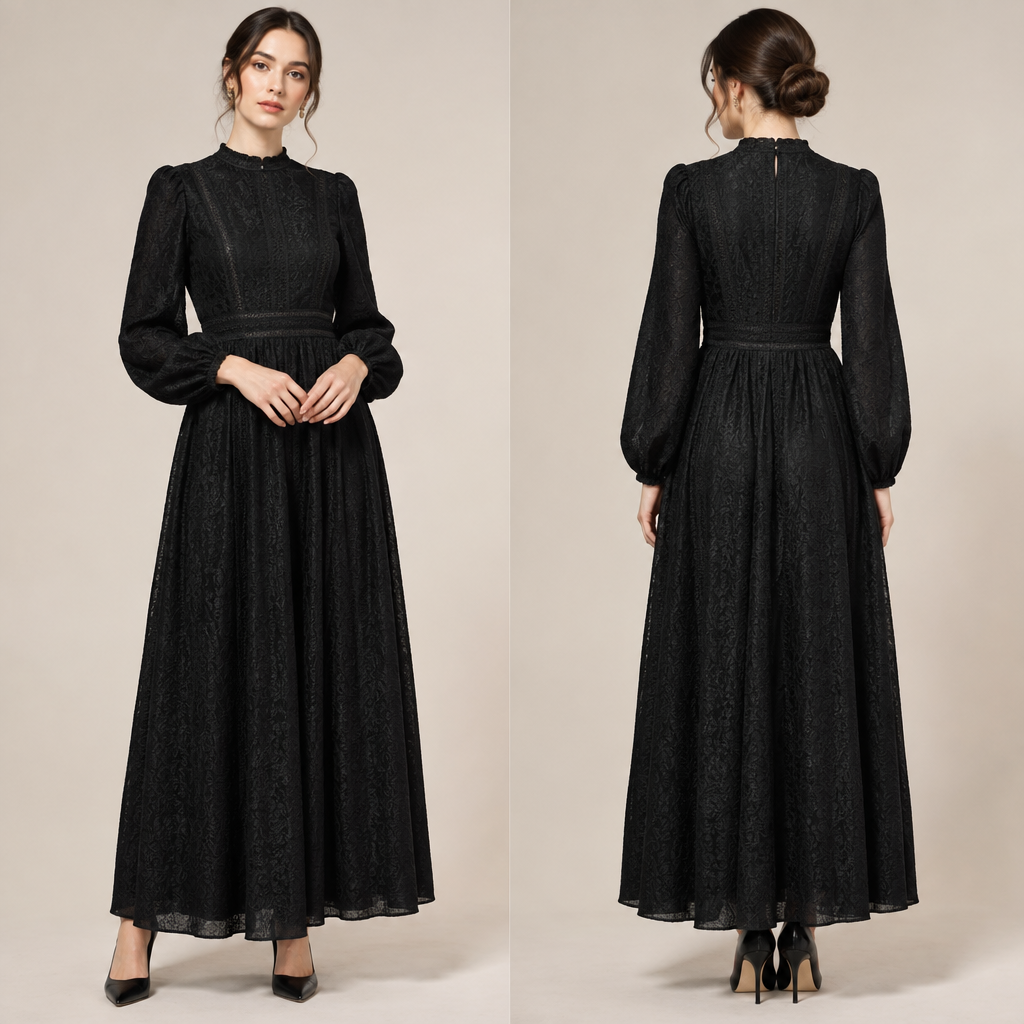 A Female Dress design, with a rich, textured surface, with modest, full coverage: longer hemlines, higher necklines and covered shoulders, suitable for Spring, in Elegant + Lounge style. black Present it as professional fashion catalogue photography: the garment is the subject, shown full-length with editorial styling, neutral posing and tasteful, non-suggestive framing.
photorealistic fashion design, A Female Dress design, with a rich, textured surface, with modest, full coverage: longer hemlines, higher necklines and covered shoulders, suitable for Spring, in Elegant + Lounge style. black Present it as professional fashion catalogue photography: the garment is the subject, shown full-length with editorial styling, neutral posing and tasteful, non-suggestive framing., elegant style, just the design no text, show front and back