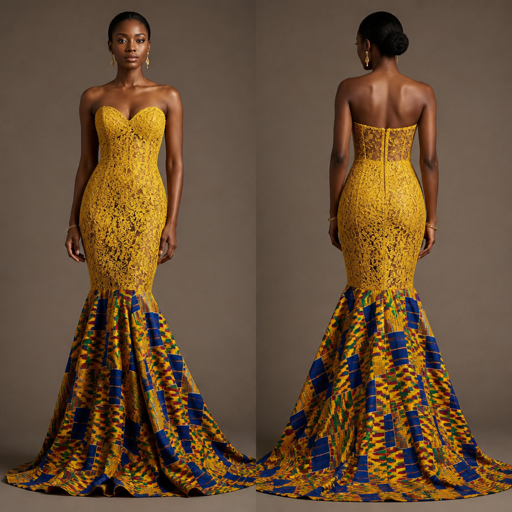 Mustard yellow with lace from the bust to the knees. More blue and mustard yellow with minimal green and minimal red Nkrumah kente for the trail from the knees down the floor.
photorealistic fashion design, Mustard yellow with lace from the bust to the knees. More blue and mustard yellow with minimal green and minimal red Nkrumah kente for the trail from the knees down the floor. , classic style, just the design no text, show front and back