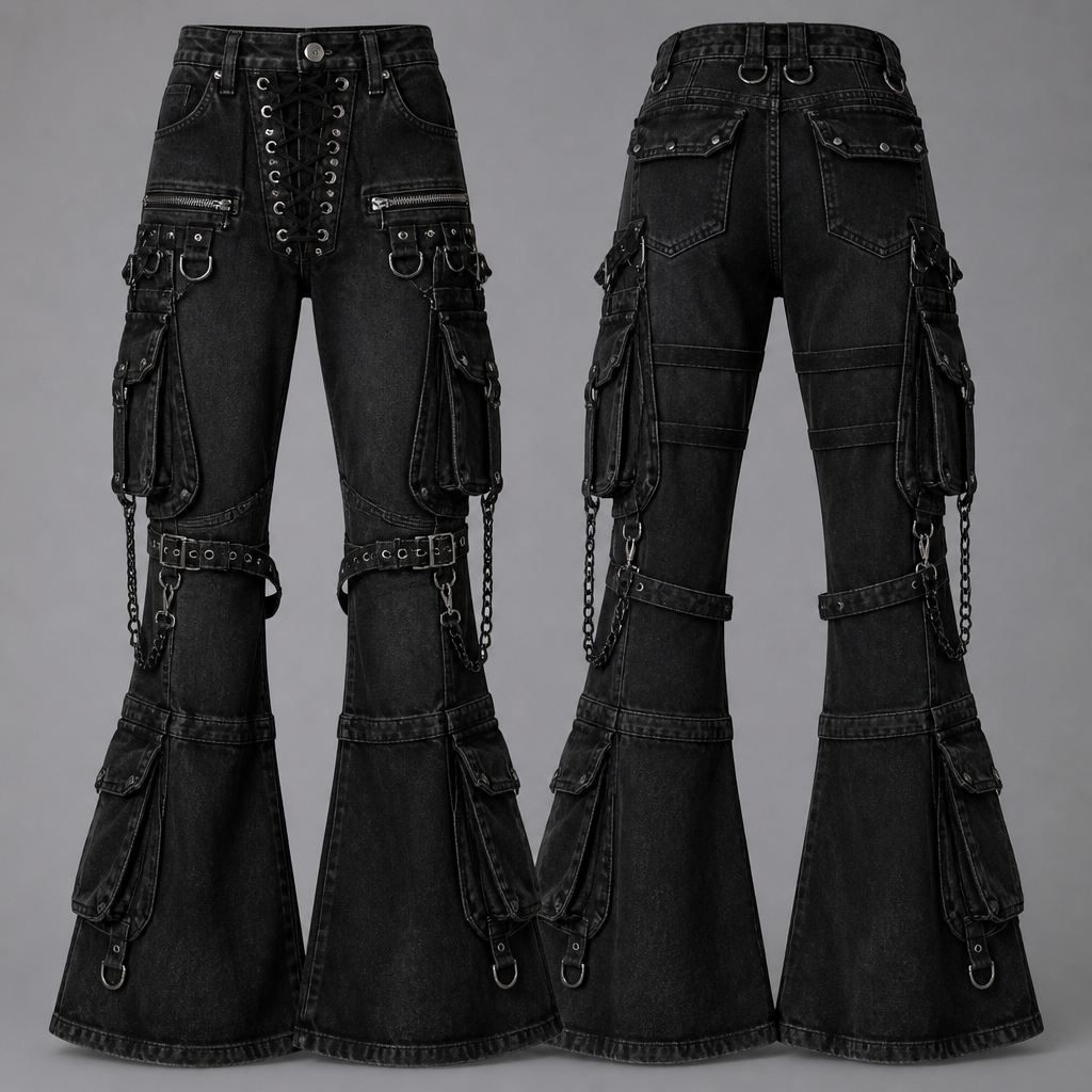 A Unisex Pants design, in Y2K style. These pants blend gothic streetwear, cyberpunk, and industrial utility into one statement piece. Constructed from heavyweight black denim with a slightly faded wash, they feature a high-rise waist with a dramatic lace-up corset fly accented by silver cone studs and oversized metal eyelets. Twin horizontal zipper pockets sit below the front pockets, each finished with large steel D-rings for attaching chains or accessories.
The upper thighs combine layered cargo styling with multiple adjustable strap systems inspired by Tripp NYC designs. Wide utility pockets with flap closures are mounted on each leg, while additional D-rings and removable black chains drape from the cargo pockets to create movement without overwhelming the silhouette.
Below the knees, the pants transition into an exaggerated flared leg. Adjustable buckle straps wrap around the knees and lower calves, giving the pants a customizable fit while emphasizing the industrial aesthetic. Large cargo pockets are integrated into the lower flare, providing both visual balance and functional storage.
The hardware is finished in matte black and gunmetal silver, including rivets, buckles, zippers, eyelets, D-rings, and chain attachments. Reinforced panel construction and heavy contrast stitching give the pants a durable, tactical feel while maintaining a sleek silhouette.
The overall look combines:
A corset-style lace-up front with silver studs.
Tripp NYC-inspired layered straps and utility pockets.
Industrial D-rings and removable chains.
Multiple zipper accents.
Oversized cargo storage.
Dramatic bell-bottom flare.
Heavy black denim construction with a worn vintage finish.
The result is a bold, high-fashion industrial goth pant that looks equally at home in alternative streetwear, cyberpunk fashion, festival wear, or a designer runway collection.
photorealistic fashion design, A Unisex Pants design, in Y2K style. These pants blend gothic streetwear, cyberpunk, and industrial utility into one statement piece. Constructed from heavyweight black denim with a slightly faded wash, they feature a high-rise waist with a dramatic lace-up corset fly accented by silver cone studs and oversized metal eyelets. Twin horizontal zipper pockets sit below the front pockets, each finished with large steel D-rings for attaching chains or accessories.
The upper thighs combine layered cargo styling with multiple adjustable strap systems inspired by Tripp NYC designs. Wide utility pockets with flap closures are mounted on each leg, while additional D-rings and removable black chains drape from the cargo pockets to create movement without overwhelming the silhouette.
Below the knees, the pants transition into an exaggerated flared leg. Adjustable buckle straps wrap around the knees and lower calves, giving the pants a customizable fit while emphasizing the industrial aesthetic. Large cargo pockets are integrated into the lower flare, providing both visual balance and functional storage.
The hardware is finished in matte black and gunmetal silver, including rivets, buckles, zippers, eyelets, D-rings, and chain attachments. Reinforced panel construction and heavy contrast stitching give the pants a durable, tactical feel while maintaining a sleek silhouette.
The overall look combines:
A corset-style lace-up front with silver studs.
Tripp NYC-inspired layered straps and utility pockets.
Industrial D-rings and removable chains.
Multiple zipper accents.
Oversized cargo storage.
Dramatic bell-bottom flare.
Heavy black denim construction with a worn vintage finish.
The result is a bold, high-fashion industrial goth pant that looks equally at home in alternative streetwear, cyberpunk fashion, festival wear, or a designer runway collection., y2k style, just the design no text