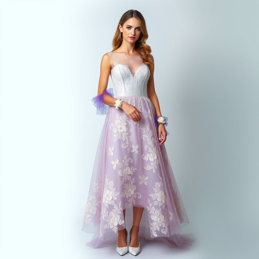Vestito da sposa corto , interamente ricamato con il tombolo . Guanti ricamati con viola in tulle. Infine, stivali alti alla coscia bianchi con fobie e fascino
Immagina un vestito da sposa corto, elegantemente ricamato a mano con intricate trame di tombolo che raccontano storie d'amore. I guanti in tulle viola, eterei e delicati, aggiungono un tocco di mistero. Completano l’outfit audaci stivali bianchi alti alla coscia, decorati con fobie floreali, un perfetto equilibrio tra classicismo e modernità.