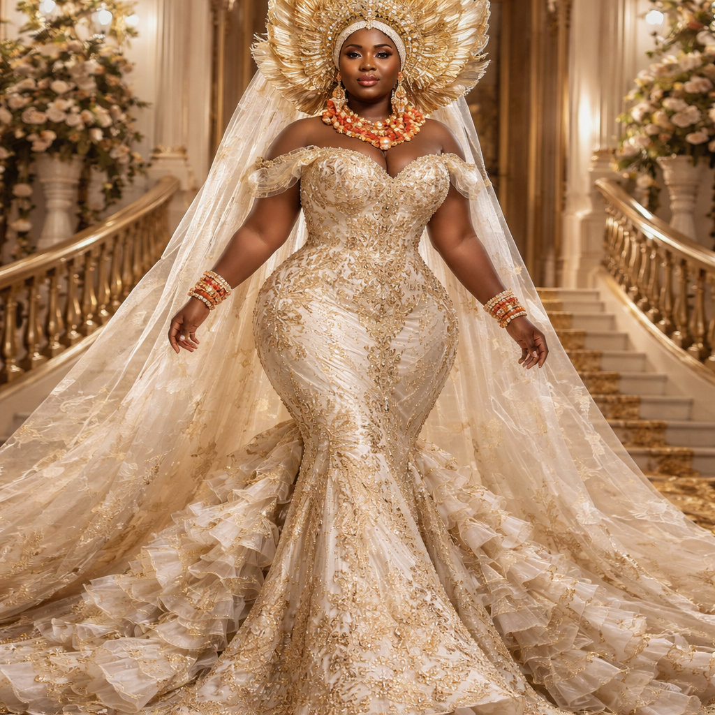 wedding dress, Congolese inspiration, modern luxury, fitted waist, elegant it’s my traditional wedding dress, high-fashion editorial, plus-size couture. Im looking for something like coming to America style
wedding dress, Congolese inspiration, modern luxury, fitted waist, elegant it’s my traditional wedding dress, high-fashion editorial, plus-size couture. Im looking for something like coming to America style