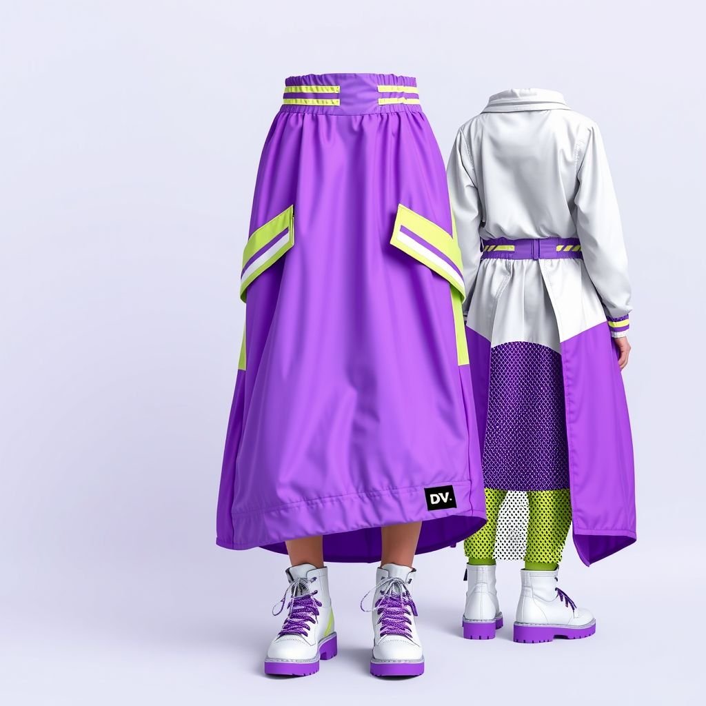 Streetrush women’s Street Sporty Academy Style, Street Hip-Hop Oversized midi skirt. These lavender and violet purple Color-Block Design, windbreaker material skirt. Feature Multiple Stripes, white and lime green Paneling Design, And Front And Back Pattern Designs, Along With A Creative Double Waistband. They Are Suitable For All-Season Wear, Embody Street Rock Aesthetics, And Are Perfect For Music Festivals And Everyday Outfits. This Style Reflects Y2K Streetwear , Women’s Two-Tone Outdoor Sports , Chicago Jersey , Streetwear , Streetwear skirt. Put “DV” somewhere on it. Create me a logo for my brand “Da’Vine” and put it up there also
Design a women's streetwear-inspired oversized midi skirt dubbed "Streetrush." This skirt features a dynamic lavender and violet color-block design crafted from lightweight windbreaker fabric, accented with bold stripes and vibrant white and lime green paneling. Embellished with an edgy double waistband and unique front and back patterns, it embodies Y2K aesthetics, perfect for music festivals or everyday wear. Highlight the "DV" logo subtly along the hem, and incorporate a stylish emblem for "Da’Vine" within the overall design. This piece radiates urban chic and sporty sophistication, setting a new trend in contemporary street fashion.