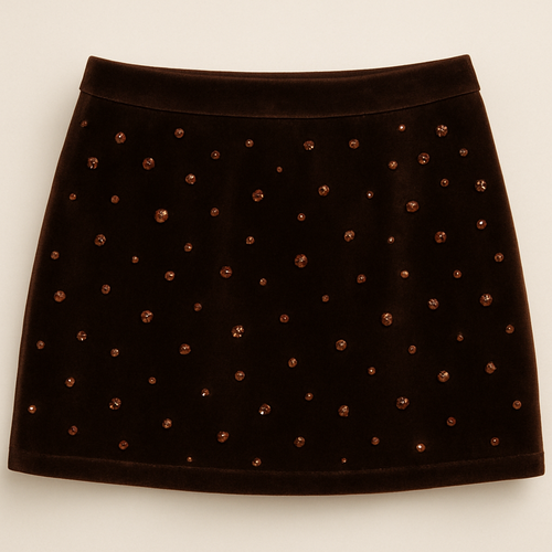 Velvet low waist mini skirt in chocolate brown with sporadic rhinestones
Add brown gems spread out sporadically