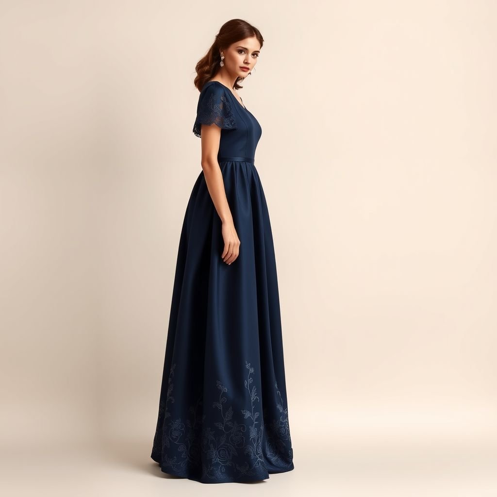 Navy blue Aline flare dress and flare short sleeves
Design an elegant navy blue A-line flare dress with luxurious silk fabric that cascades gracefully to the floor. The flare short sleeves feature delicate lace trim, enhancing the sophistication. Incorporate a subtle embroidered floral pattern along the hem and sleeves, exuding timeless charm. Pair with refined silver accessories for a regal look.