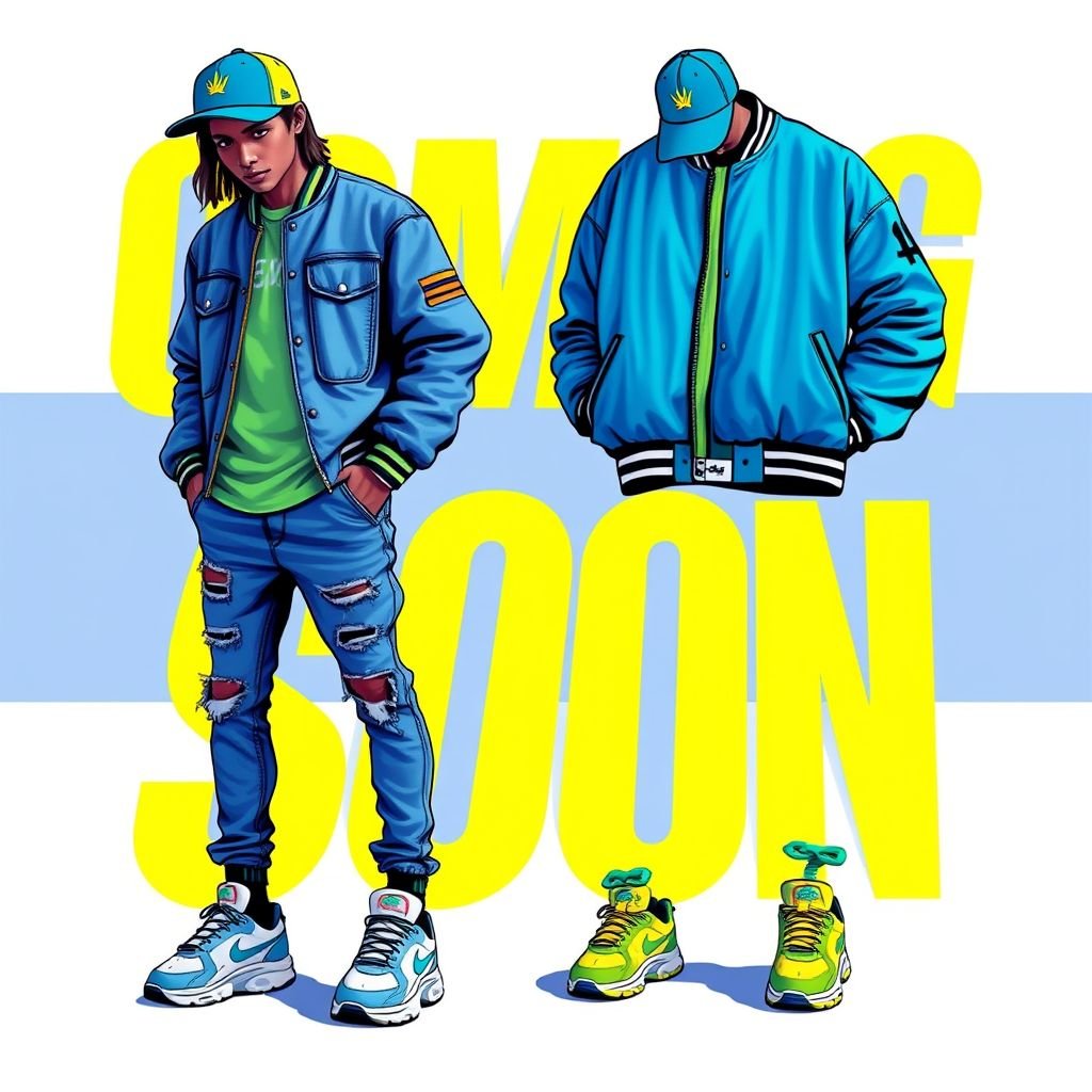 Coming soon ad with a big font
Design a striking streetwear ensemble centered around a bold "Coming Soon" graphic in oversized font. Incorporate vibrant colors like electric blue and neon green, paired with distressed denim and an oversized bomber jacket. Accentuate with chunky sneakers and a sleek cap, blending urban edge with an air of anticipation.