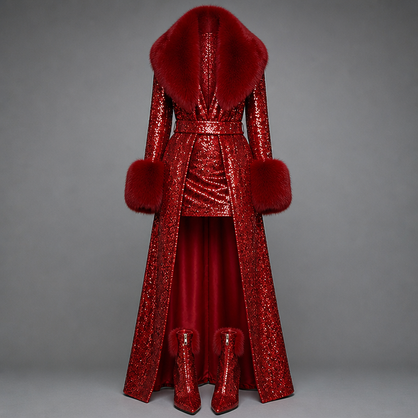 No model add red sequin short pointy toe boots zip up the back put fix fur trim around the boot
edit the attached fashion design with these instructions: No model add red sequin short pointy toe boots zip up the back put fix fur trim around the boot. keep it photorealistic, just the design no text