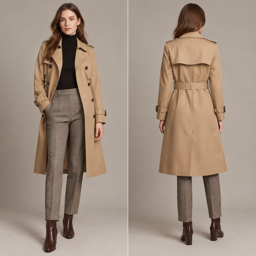 A British woman with brown hair wears a thin black turtleneck sweater and beige houndstooth pants with a tan Trenchcoat and brown ankle boots
photorealistic fashion design, A British woman with brown hair wears a thin black turtleneck sweater and beige houndstooth pants with a tan Trenchcoat and brown ankle boots , british style, just the design no text, show front and back