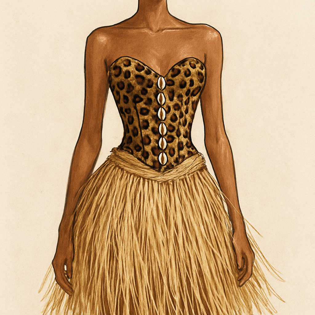 Raphia skirt
Leopard corset with cowries
Raphia skirt
Leopard corset with cowries