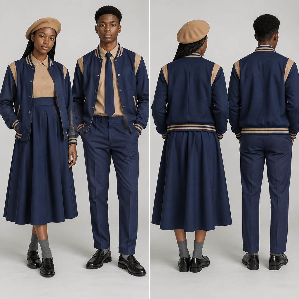 Design a blue baseball jacket with light brown accents and blue arms. Use black teenagers as models.
A fit flare dress top half light brown and bottom half blue, covering chest area completely, almost reaching ankles, a light brown barrett and grey socks for the female.
A blue relaxed trouser, reaching ankles, light brown shirt, blue tie and grey socks for the male.
Nice black school shoes for both. Both must be wearing baseball jacket. Use admiral blue. South Africa fashion aesthetics. Present it as professional fashion catalogue photography: the garment is the subject, shown full-length with editorial styling, neutral posing and tasteful, non-suggestive framing.
photorealistic fashion design, Design a blue baseball jacket with light brown accents and blue arms. Use black teenagers as models.
A fit flare dress top half light brown and bottom half blue, covering chest area completely, almost reaching ankles, a light brown barrett and grey socks for the female.
A blue relaxed trouser, reaching ankles, light brown shirt, blue tie and grey socks for the male.
Nice black school shoes for both. Both must be wearing baseball jacket. Use admiral blue. South Africa fashion aesthetics. Present it as professional fashion catalogue photography: the garment is the subject, shown full-length with editorial styling, neutral posing and tasteful, non-suggestive framing., just the design no text, show front and back