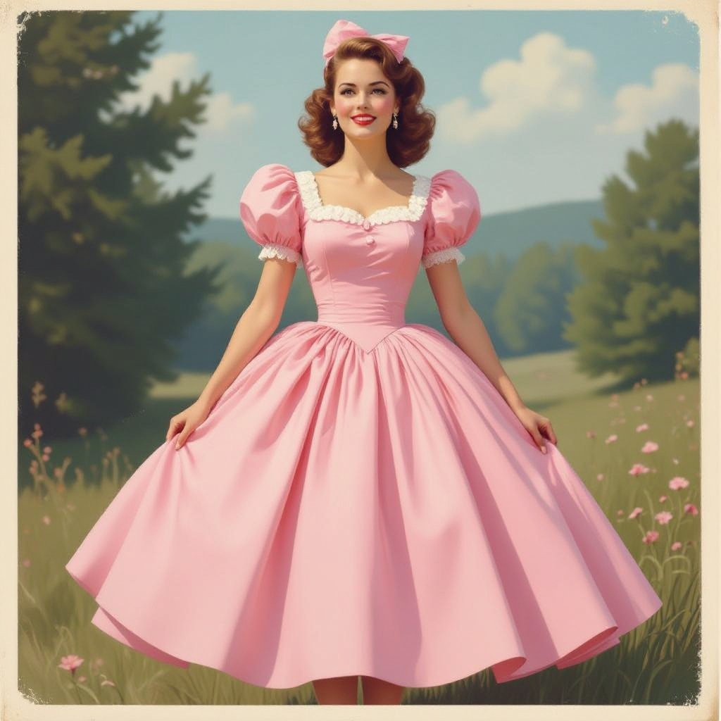 Pink dress fluffy and curvy
Vintage fashion: Pink cotton dress, fluffy and curvy, with puffed sleeves and a full skirt.