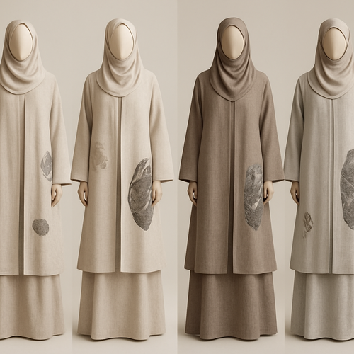 Create a modest two-piece linen abaya, the first of its kind, featuring a unique stone design that exudes a classy and sophisticated vibe. I’d like four designs, each showcasing different styles and fabrics. Incorporate high-end, unique chic stone designs to make them truly special. Add little sophisticated stone designs.