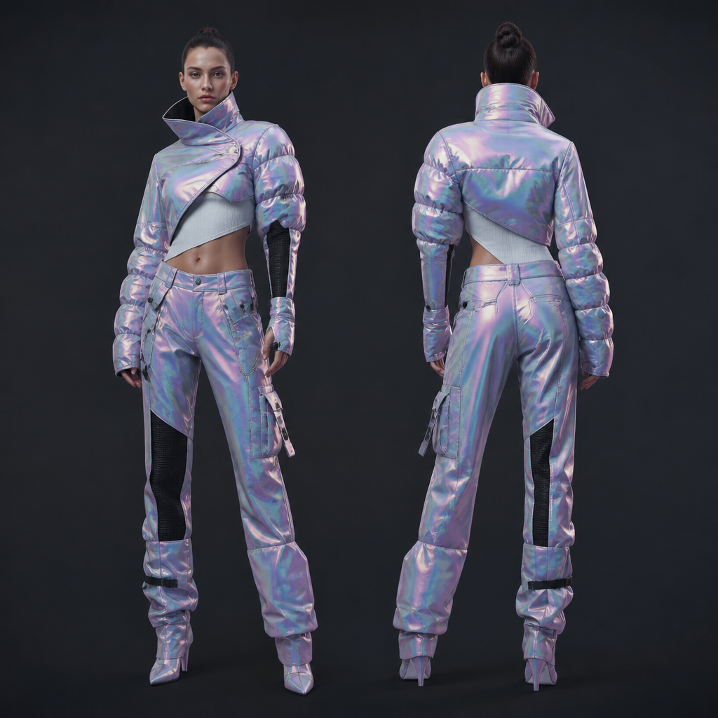 Cyberpunk, tight but with Iridiscenr puffer jacket, asymmetric legs and sleeves on the top and pants
photorealistic fashion design, Cyberpunk, tight but with Iridiscenr puffer jacket, asymmetric legs and sleeves on the top and pants, vaporwave style, just the design no text, show front and back