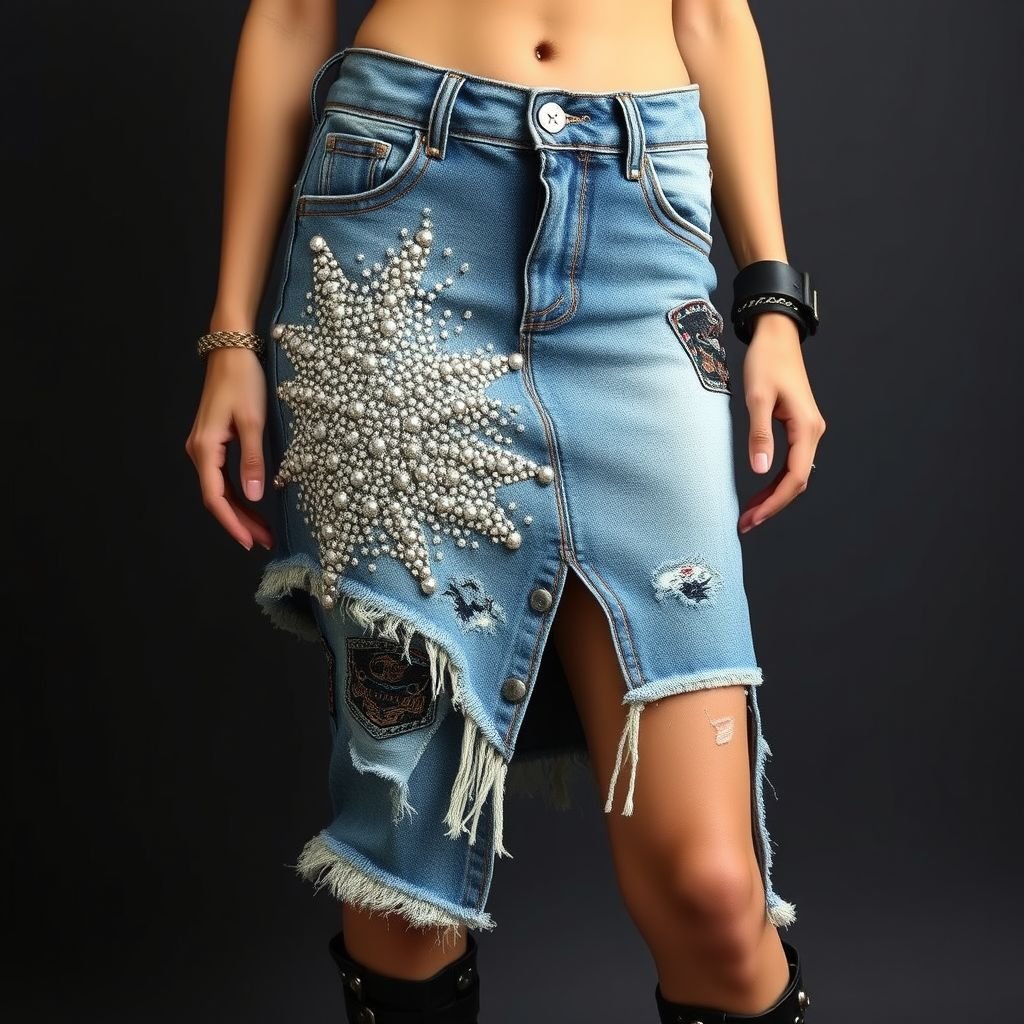 Rhinestones on a asymmetrical Jean skirt design
Imagine an asymmetrical jean skirt with a raw hem, adorned with an explosion of strategically placed rhinestones that catch the light at every angle. Incorporate distressed patches and bold, mismatched fabrics, alongside edgy hardware—like chain accents and leather detailing. This rebellious silhouette radiates confidence, perfect for the daring fashionista.